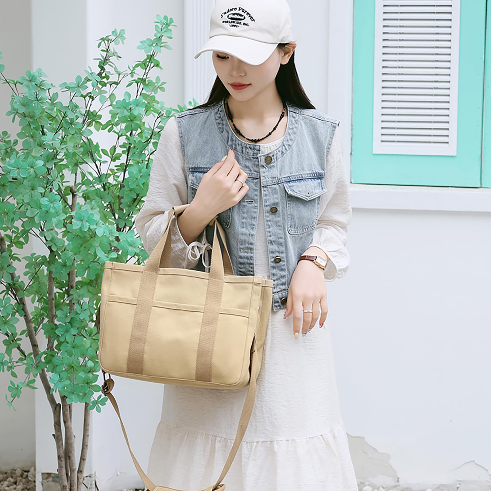 Stylish Canvas Tote Bag for Women with Multiple Pockets - Trendy Shoulder & Crossbody Handbag - Perfect for Work, Travel, Shopping & Daily Use