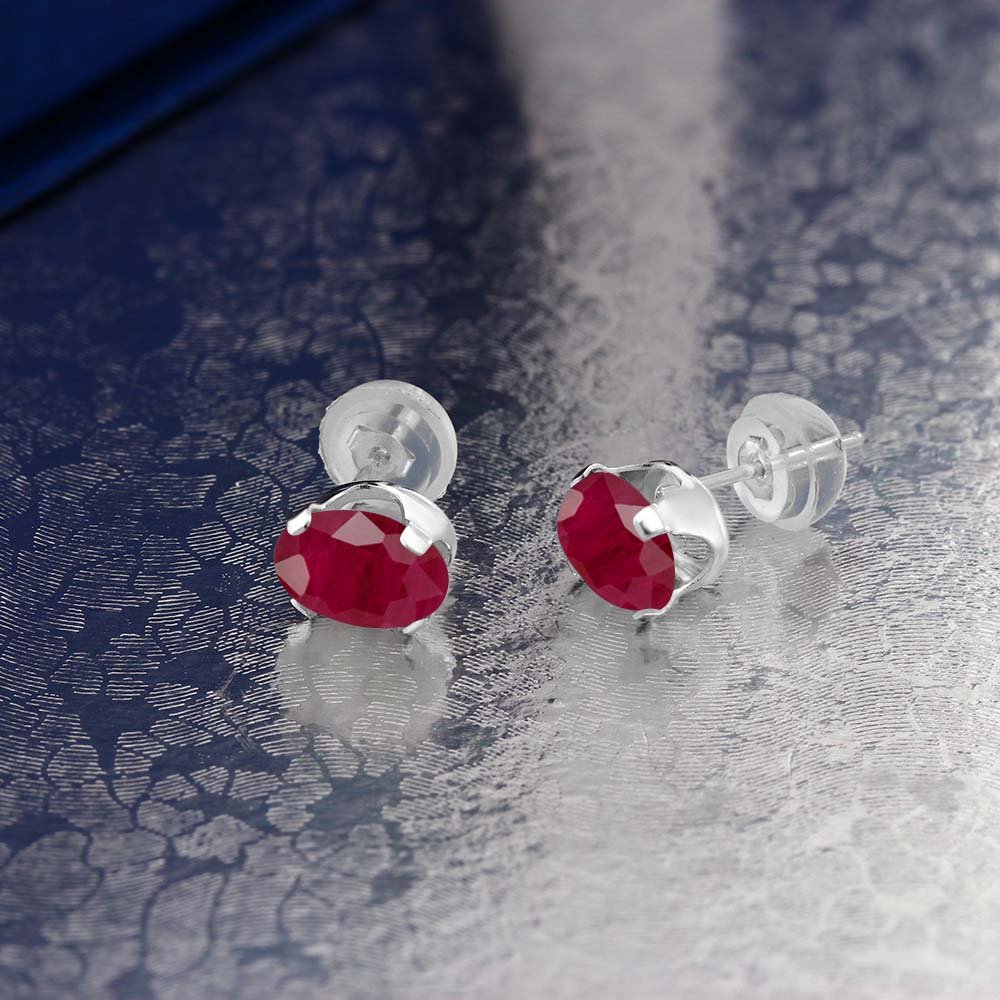 2.04 Ct Oval 7x5mm Natural Red Ruby Stud Earrings in 14K White Gold for Women & Men | Gem Stone King | Elegant Jewelry Gift for Anniversary, Birthday & Special Occasions