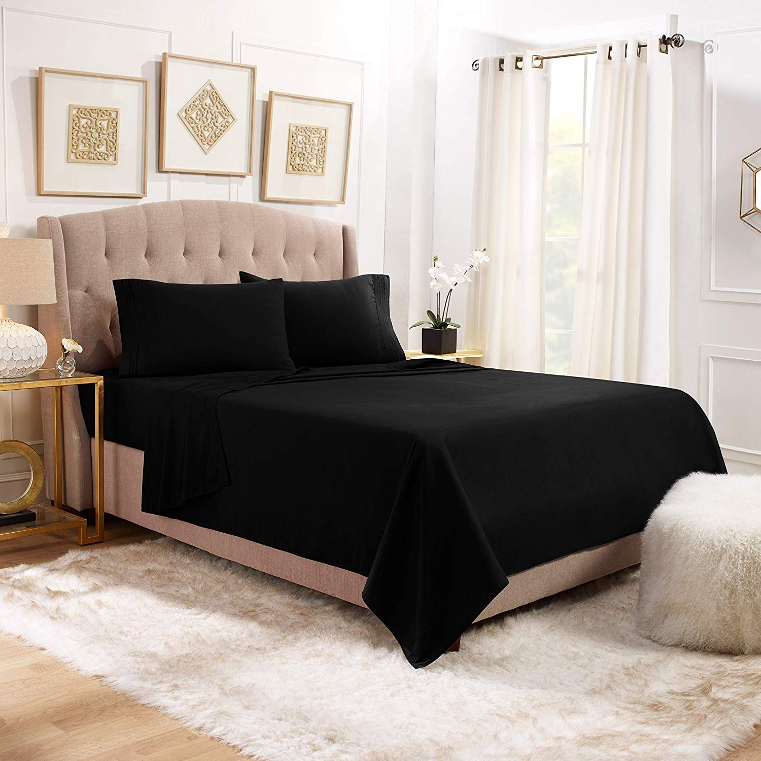 Premium 1800 Thread Count Egyptian Cotton 6-Piece Queen Sheet Set - Ultra Soft & Breathable, Deep Pocket, Wrinkle-Resistant (Black) - Includes 2 Bonus Pillowcases for Luxurious Bedroom Comfort