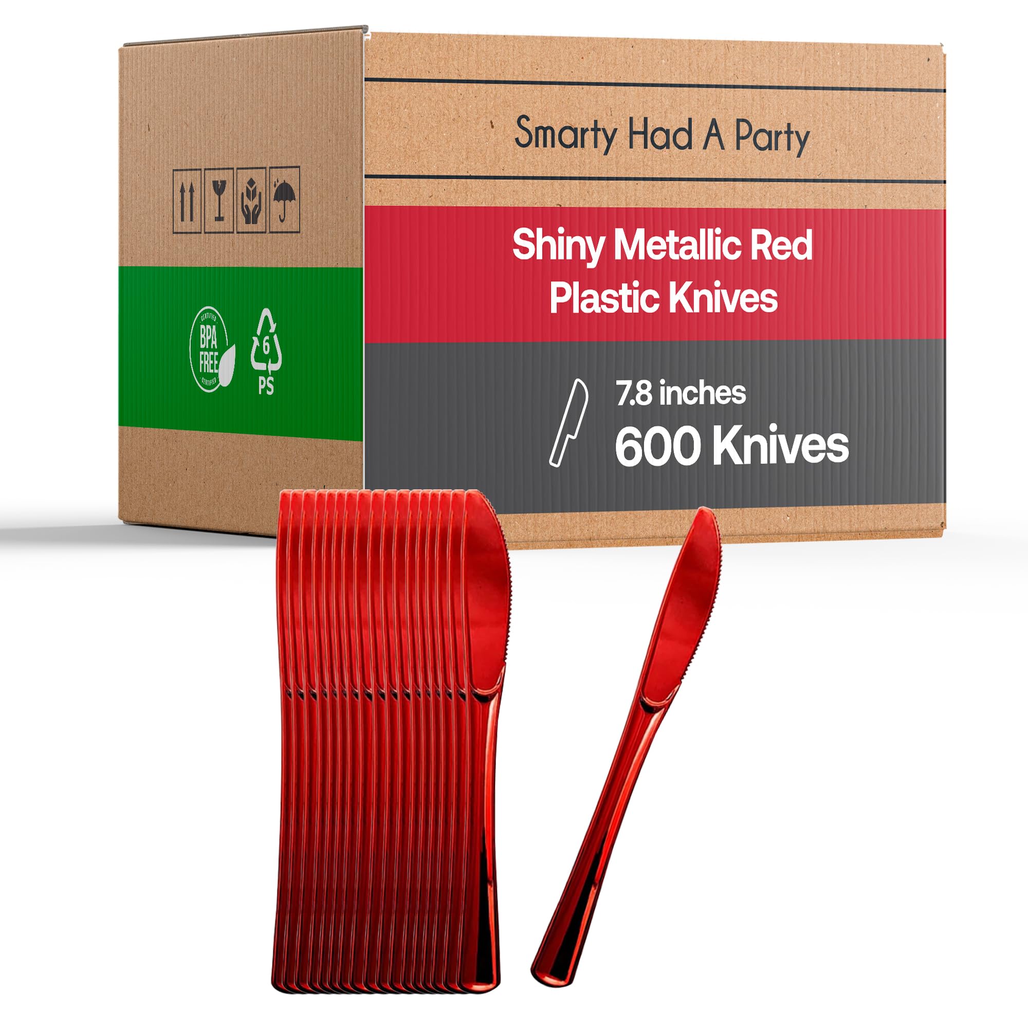 Premium Heavy-Duty Red Plastic Knives - 600 Pack 7.8 Inch Disposable Cutlery, Food-Safe & BPA-Free Flatware for Parties, Weddings, Events - Durable, Shiny Metallic Finish, Easy Cleanup - Perfect for Catering, BBQs, Picnics & Birthday Celebrations