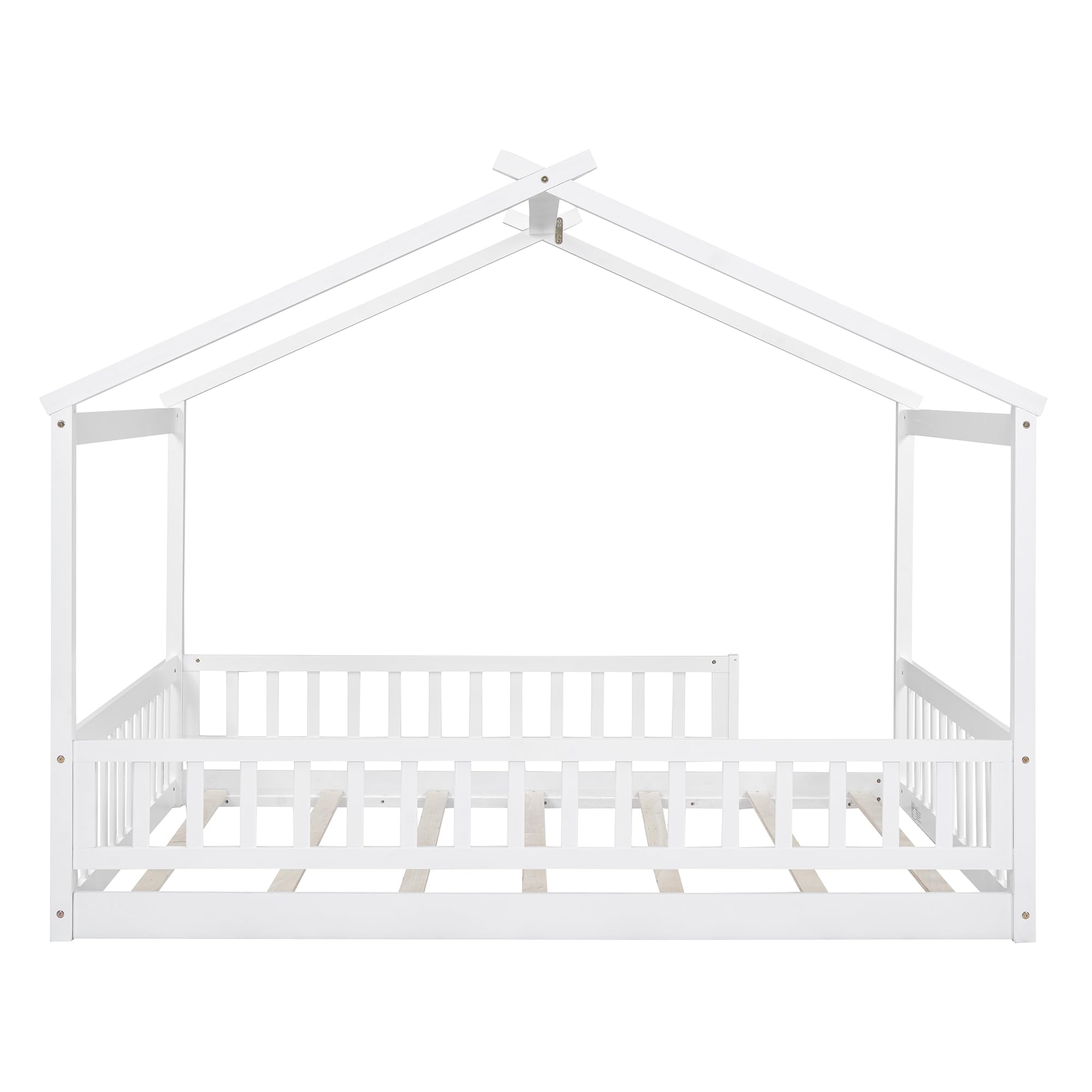 Montessori Floor Bed for Kids - Full Size Wooden House Bed Frame with Safety Fence | White Playhouse Bed for Toddlers & Children | Perfect for Montessori Bedrooms, Playrooms & Cozy Sleep Spaces