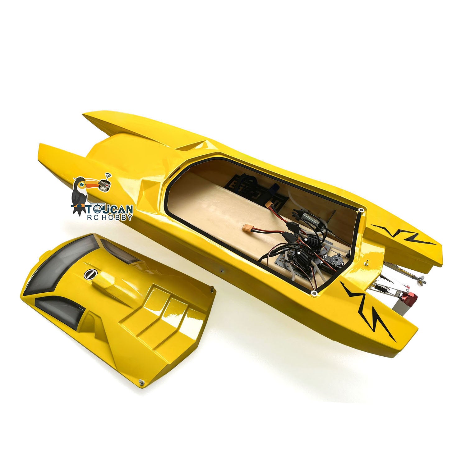 E53 Reventon Fiber Glass 2.4Ghz PNP Electric Racing RC Boat DIY Model with ESC Motor - 1305x360x220mm (Grey & Yellow) - High Speed Remote Control Boat for Lakes, Pools & Racing Competitions