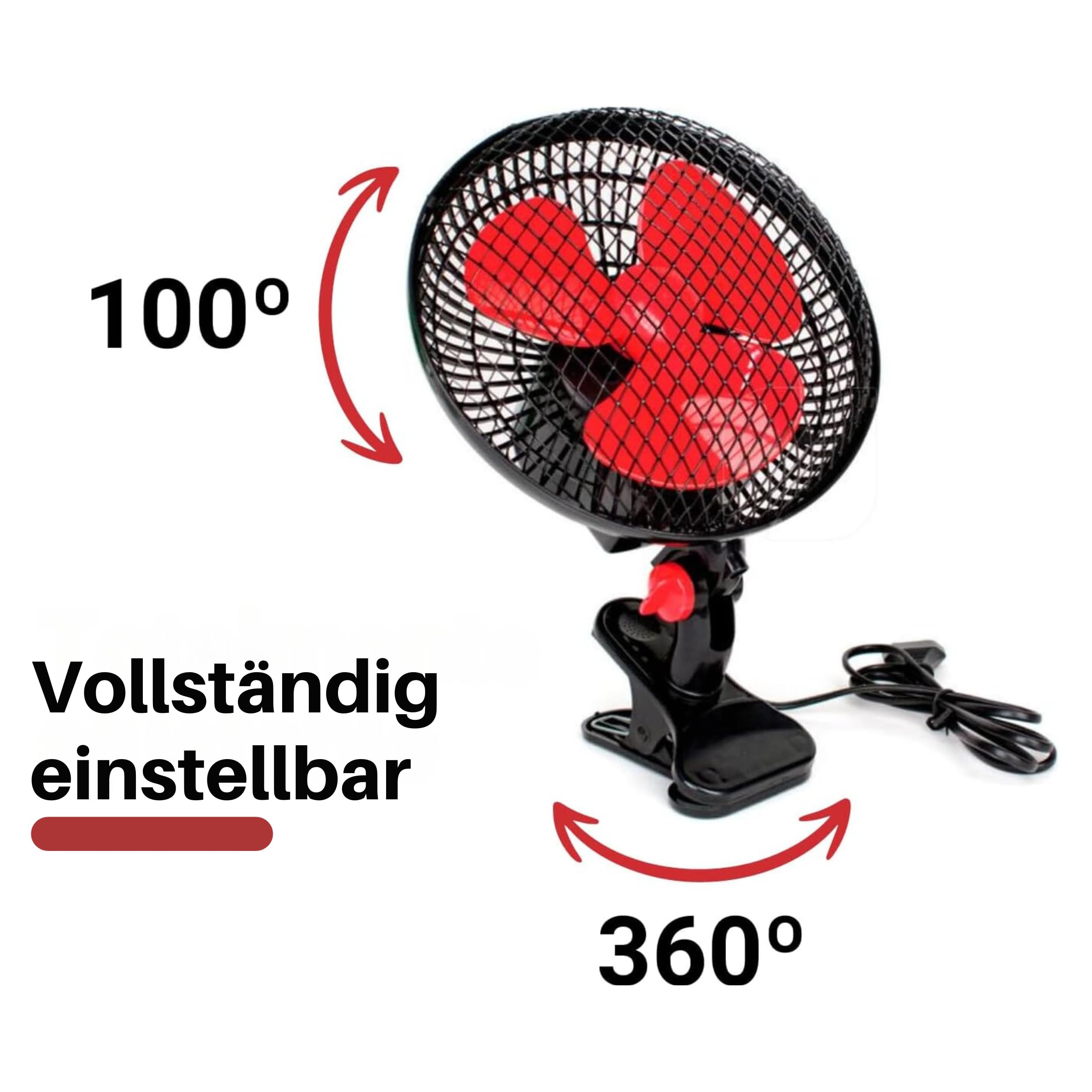 GROWMANIA 20cm Oscillating Fan - 2 Speed Settings, 20W Power, 360° Rotation, Ultra Quiet with 3 Red Blades (Black) - Perfect for Home, Office, and Indoor Cooling