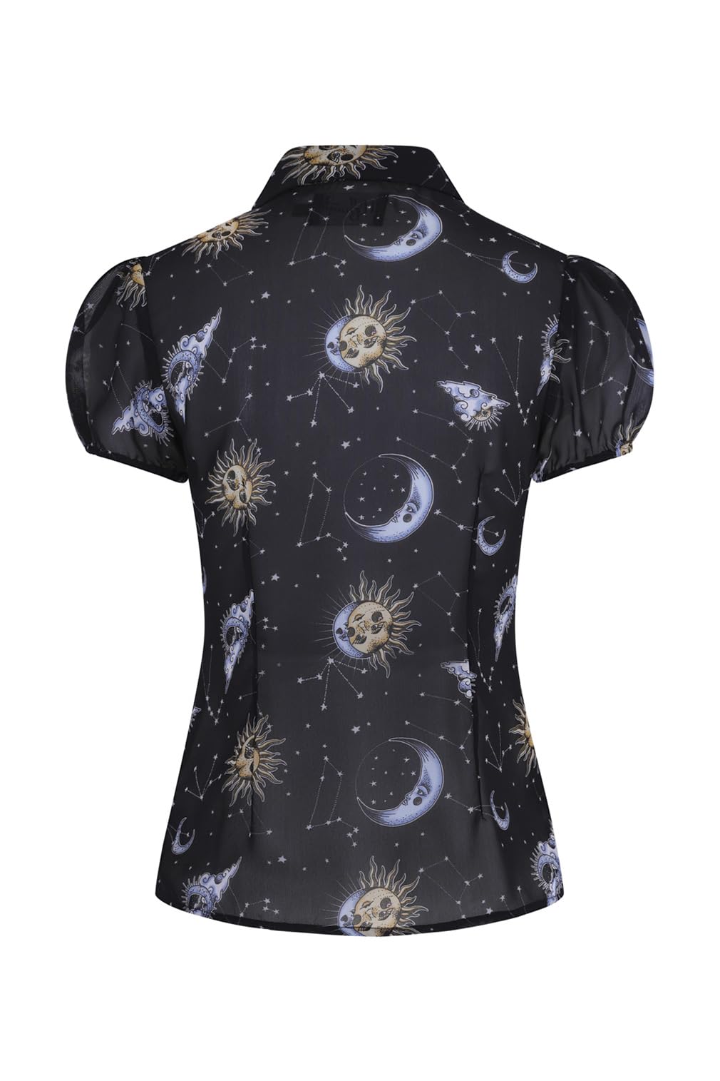 Hell Bunny Solaris Sun Moon Stars Gothic Wicca Chiffon Blouse - Vintage Boho Witchy Top for Women (XS-4XL) | Perfect for Halloween, Pagan Festivals & Dark Academia Outfits