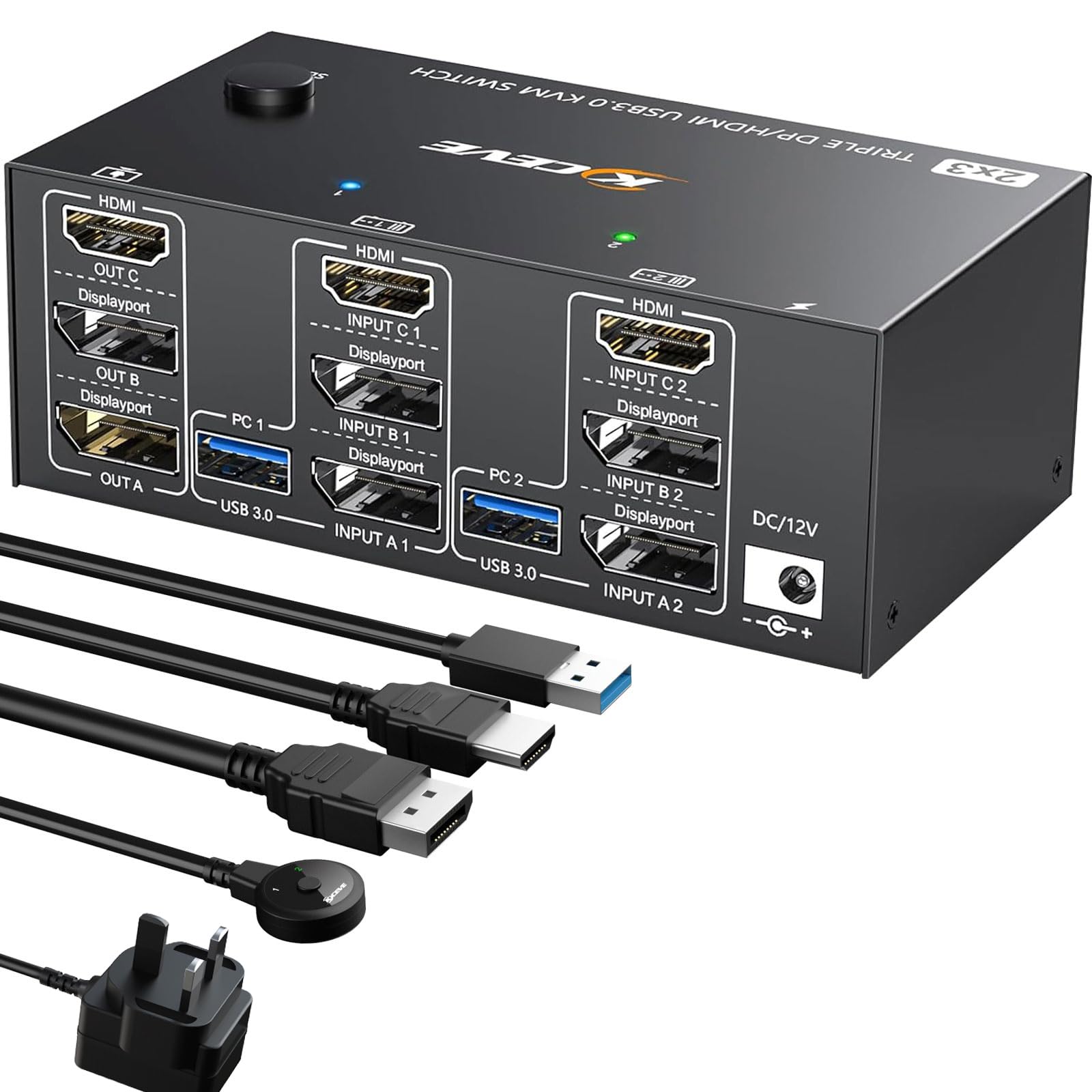 YOUTINGHDAV 3 Monitor KVM Switch for 2 Computers - 8K@60Hz 4K@144Hz Triple Display HDMI+DP+DP Switcher with USB 3.0 Hub - Share Keyboard Mouse & 3 Screens Between PCs (Includes Cables) - Ideal for Home Office, Gaming Setup, Multi-Tasking Workstations, Video Editing & Stock Trading Stations