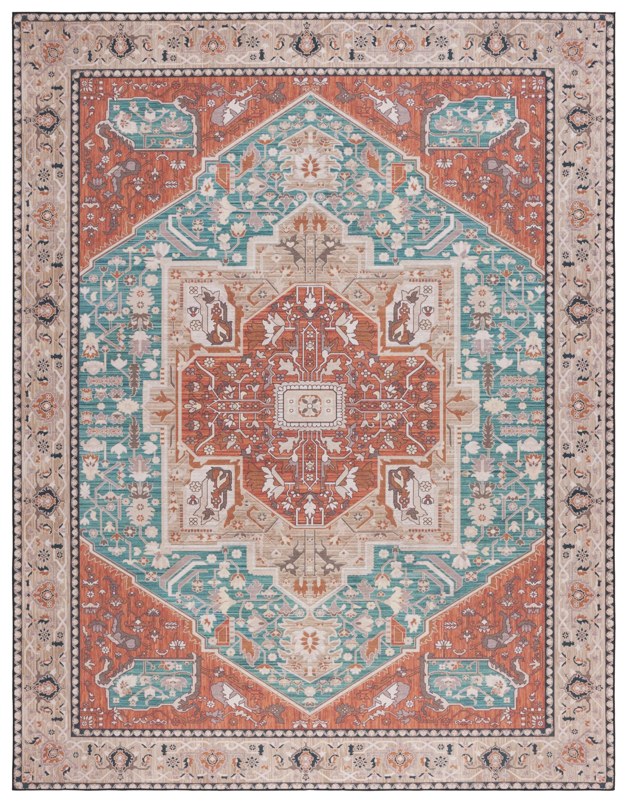 SAFAVIEH Tucson Collection 8' x 10' Area Rug - Aqua & Rust Persian Design, Non-Shedding Machine Washable, Slip Resistant for High Traffic Areas | Perfect for Living Room, Bedroom, Dining Room & Home Decor | Ideal for Modern Homes, Apartments & Office Spaces (TSN150J)