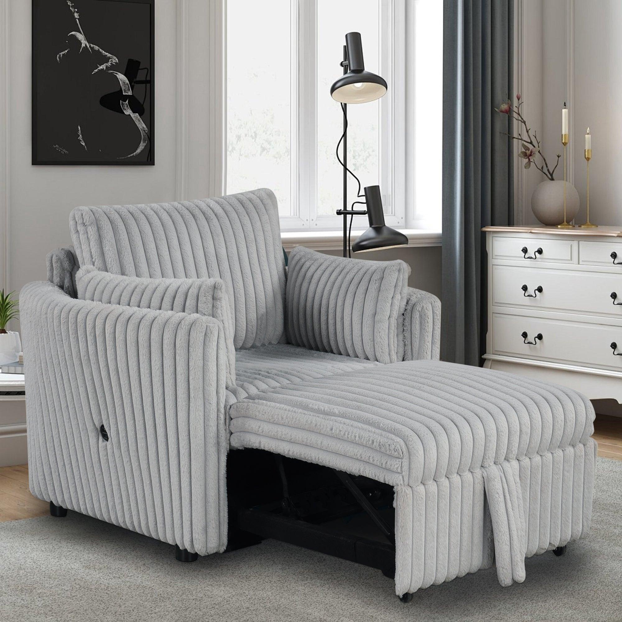 Light Gray Faux Fur Oversized Convertible Sleeper Sectional Sofa with USB Charging Ports - 3-in-1 Daybed, Couch & Chair with 2 Pillows - Perfect for Living Room, Home Theater & Guest Room