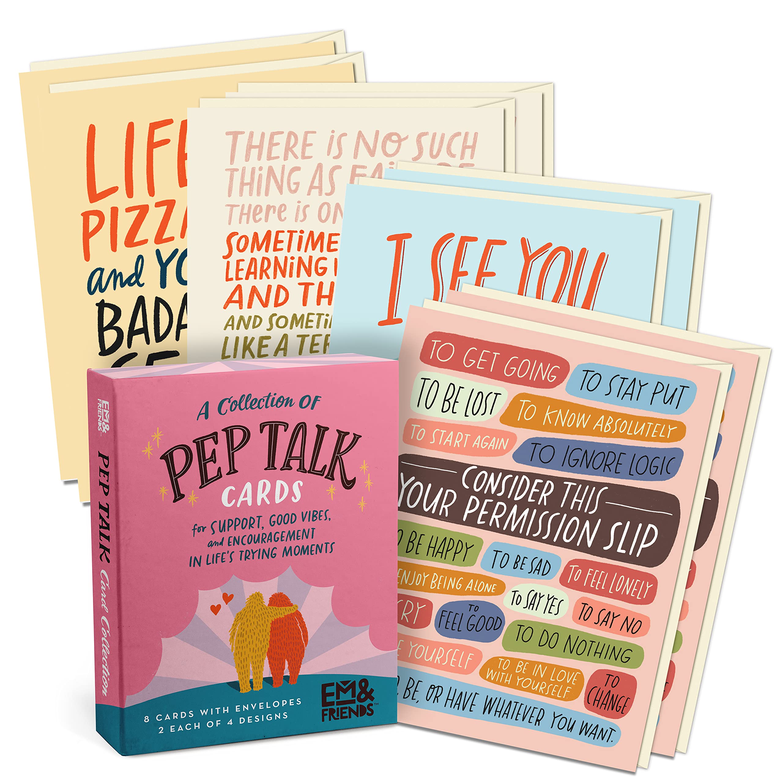 Em & Friends Pep Talk Cards - 8 Funny & Encouraging Greeting Cards with Envelopes | Motivational Gift for Friends, Coworkers & Students | Perfect for Birthdays, Office Gifts & Daily Inspiration