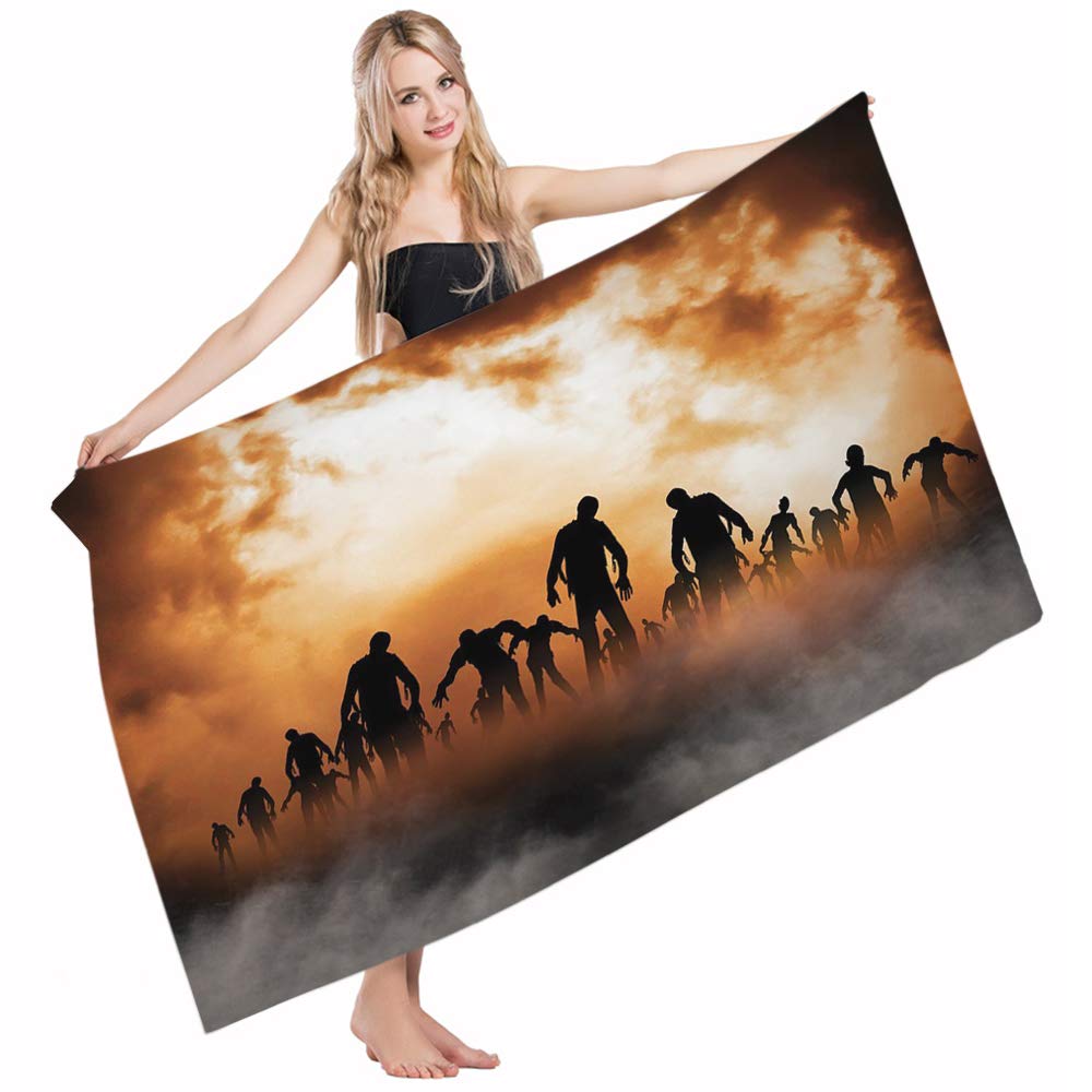 Premium Halloween Zombie Beach Towel - 64x32 Inch Large Bath Towel for Men, Women, Kids - Haunted Doom Mist Night Sky Design - Perfect for Swimming, Yoga, Golf, Beach & Pool Use
