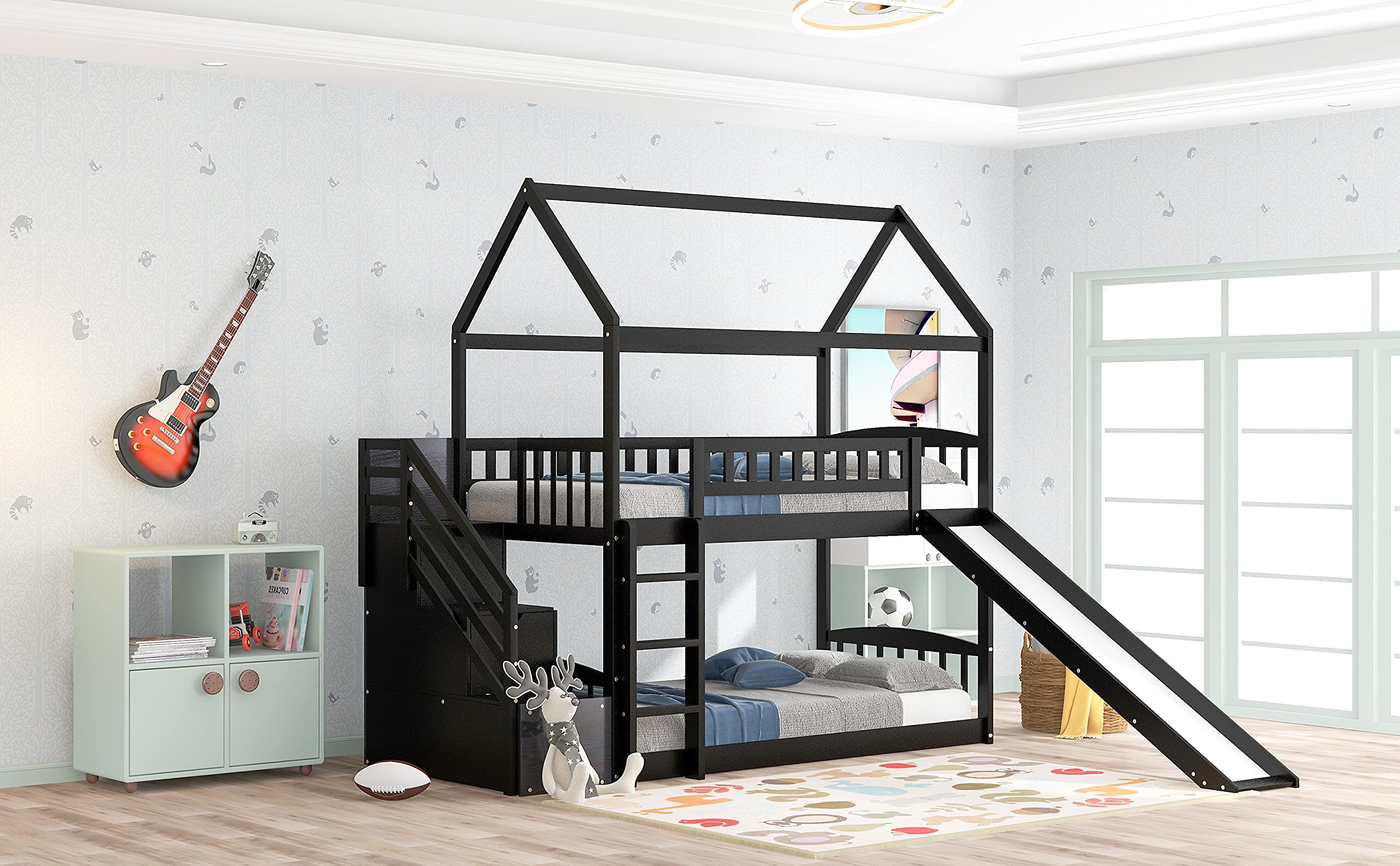 Twin Over Twin Wooden House Bunk Bed with Slide, 2 Drawers, Roof & Guardrails - Kids/Teens Bedroom Furniture, No Box Spring Needed (Espresso) - Perfect for Space-Saving Kids Rooms, Sleepovers & Play Areas