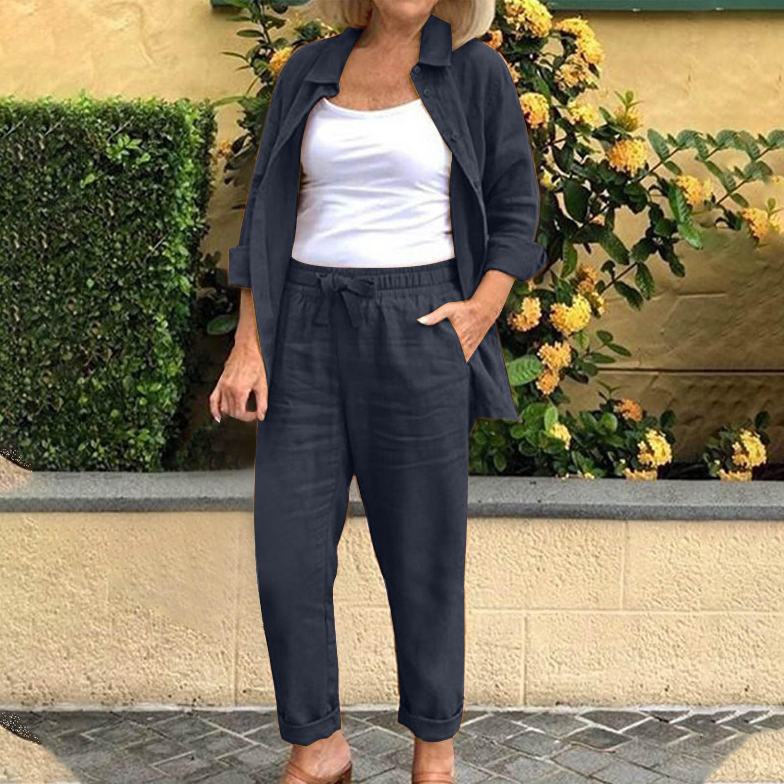 YMADREIG Women's 2-Piece Linen Outfit - Long Sleeve Button Down Shirt & Loose Linen Pants Set | Summer Casual Lounge Wear for Home, Travel & Beach Vacation