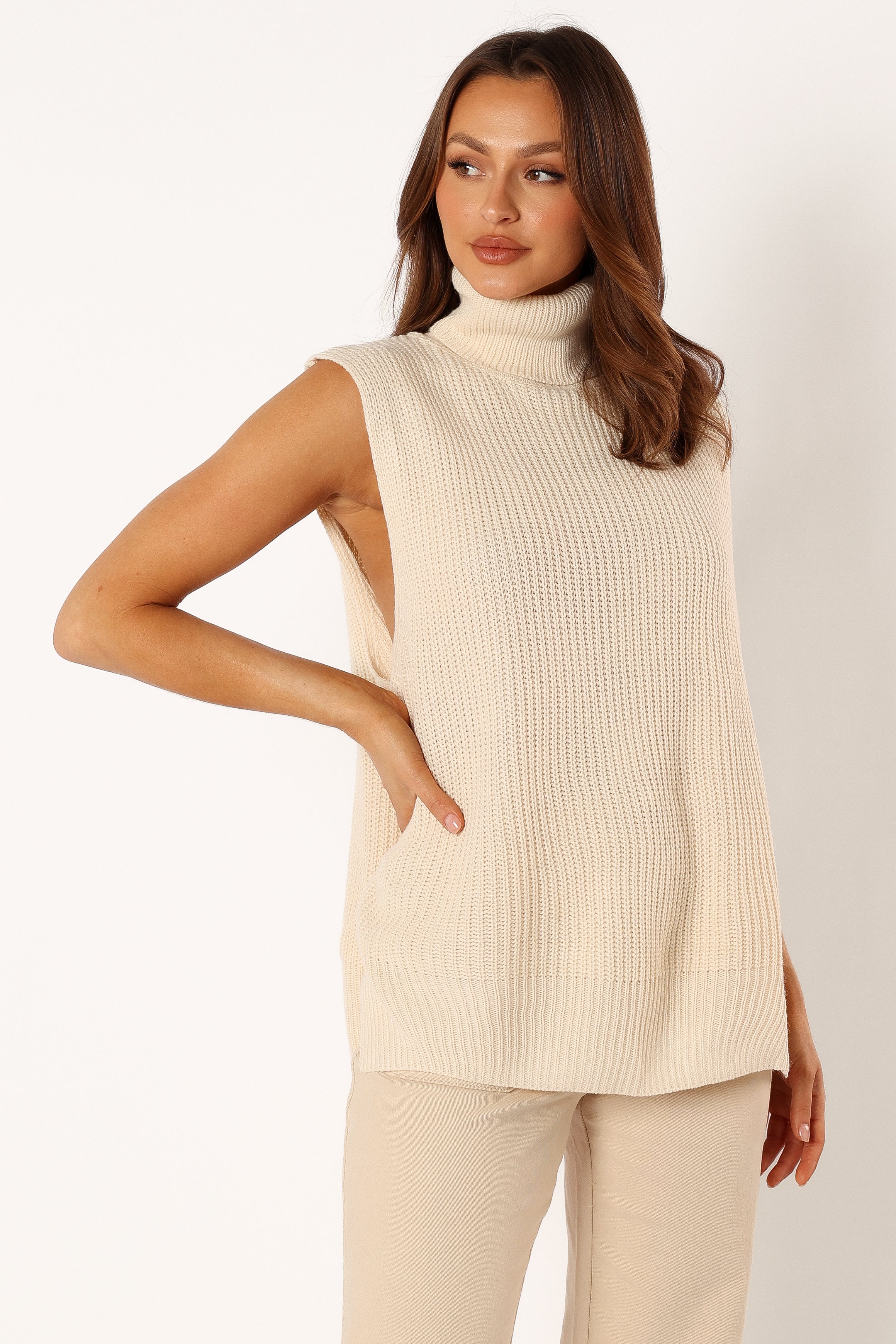 Celaena Women's Sleeveless Turtleneck Sweater - Soft Cream Knit Pullover for Fall & Winter Layering, Office Wear & Casual Outfits