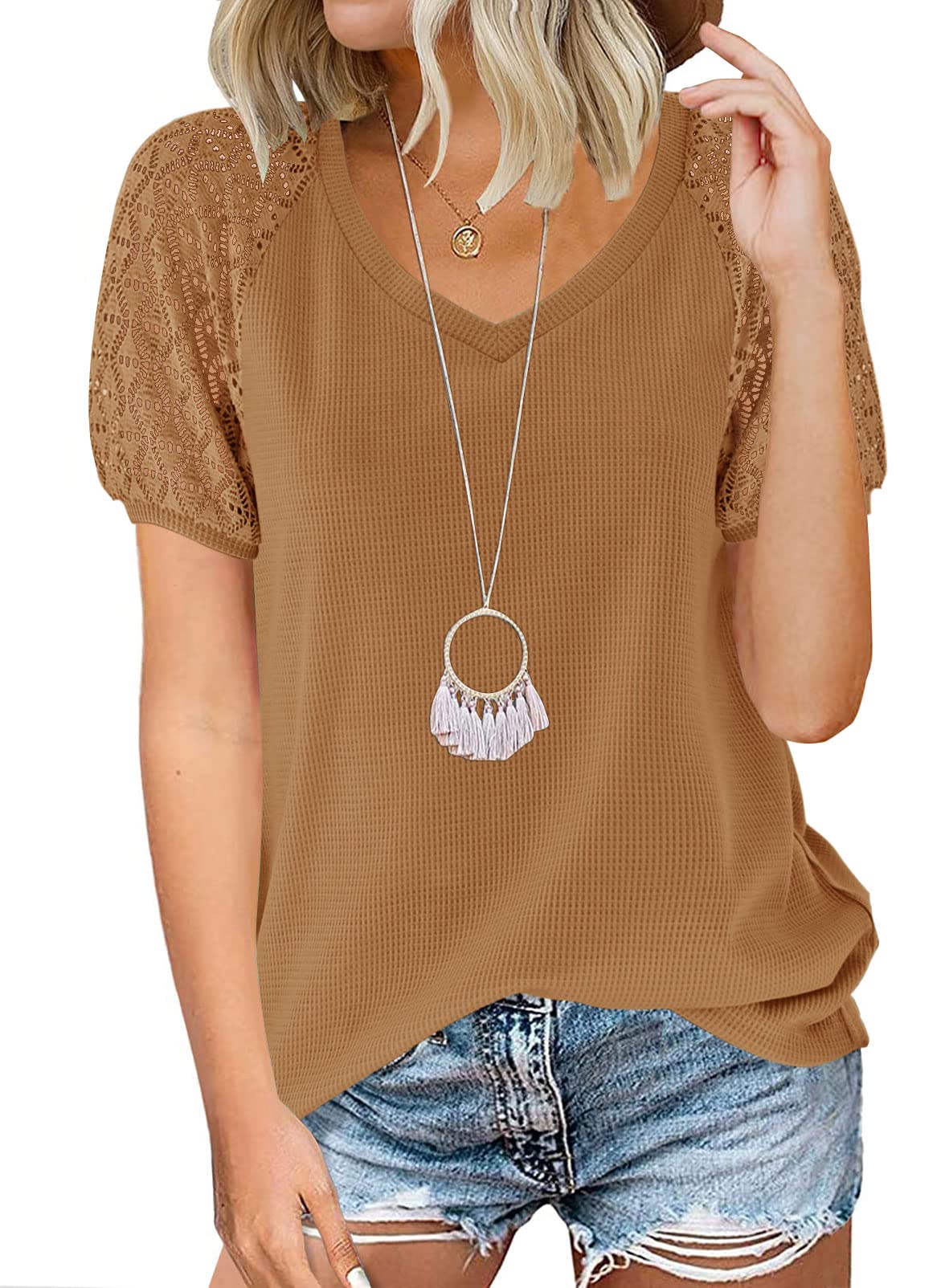 SYZRI Women's V Neck Lace Short Sleeve Blouse - Waffle Knit Loose Casual T-Shirt Top for Summer, Spring & Fall - Perfect for Office, Date Night & Weekend Outings