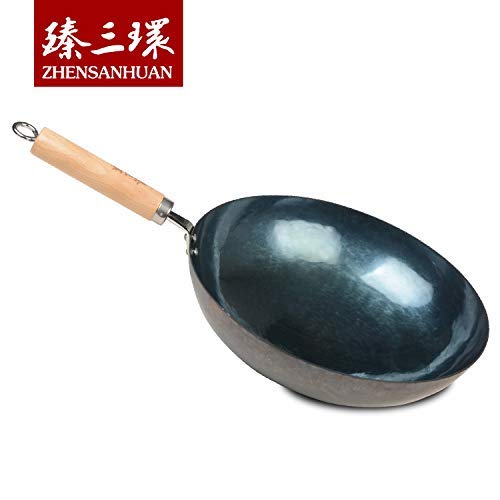 Authentic Chinese Hand-Hammered Iron Wok Pan - 34cm Seasoned Carbon Steel Stir Fry Pan with Wooden Handle - Perfect for Asian Cooking, Stir-Frying, Deep Frying & Home Kitchen Use