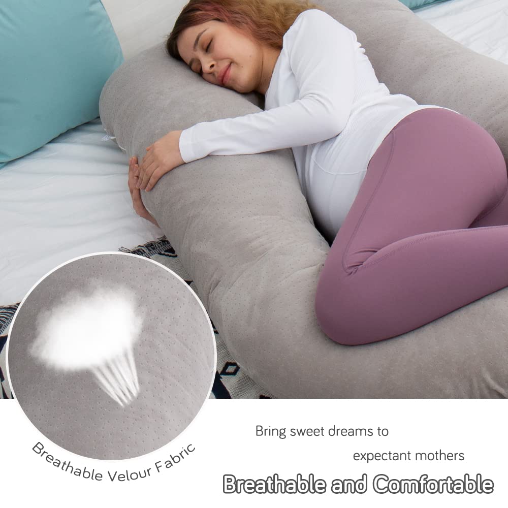 AMCATON 60 Inch Extra Large U-Shaped Pregnancy Pillow for Sleeping - Maternity Body Pillow with Soft Velour Cover (Grey) - Perfect for Pregnant Women, Back Pain Relief & Comfortable Side Sleeping