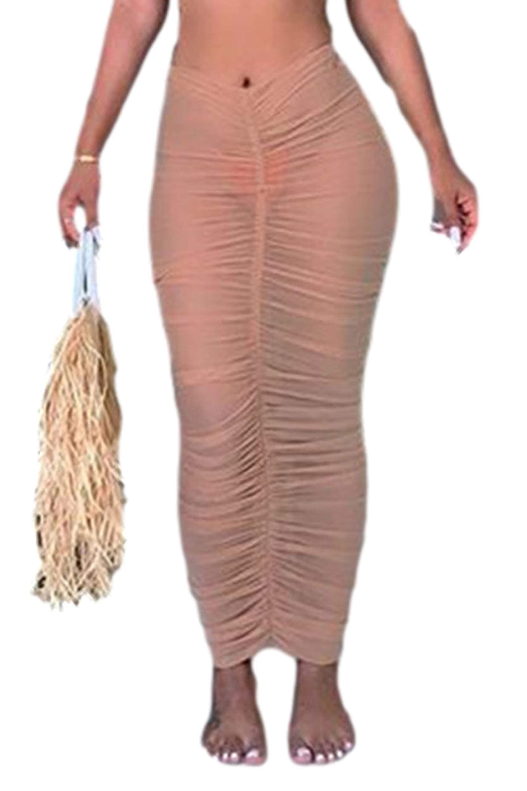 Women's Mesh Sheer Swimsuit Cover Up Skirt - Ruched Bodycon Bikini Beach Wrap - Sexy See Through Swim Skirt for Pool, Vacation & Summer Outfits