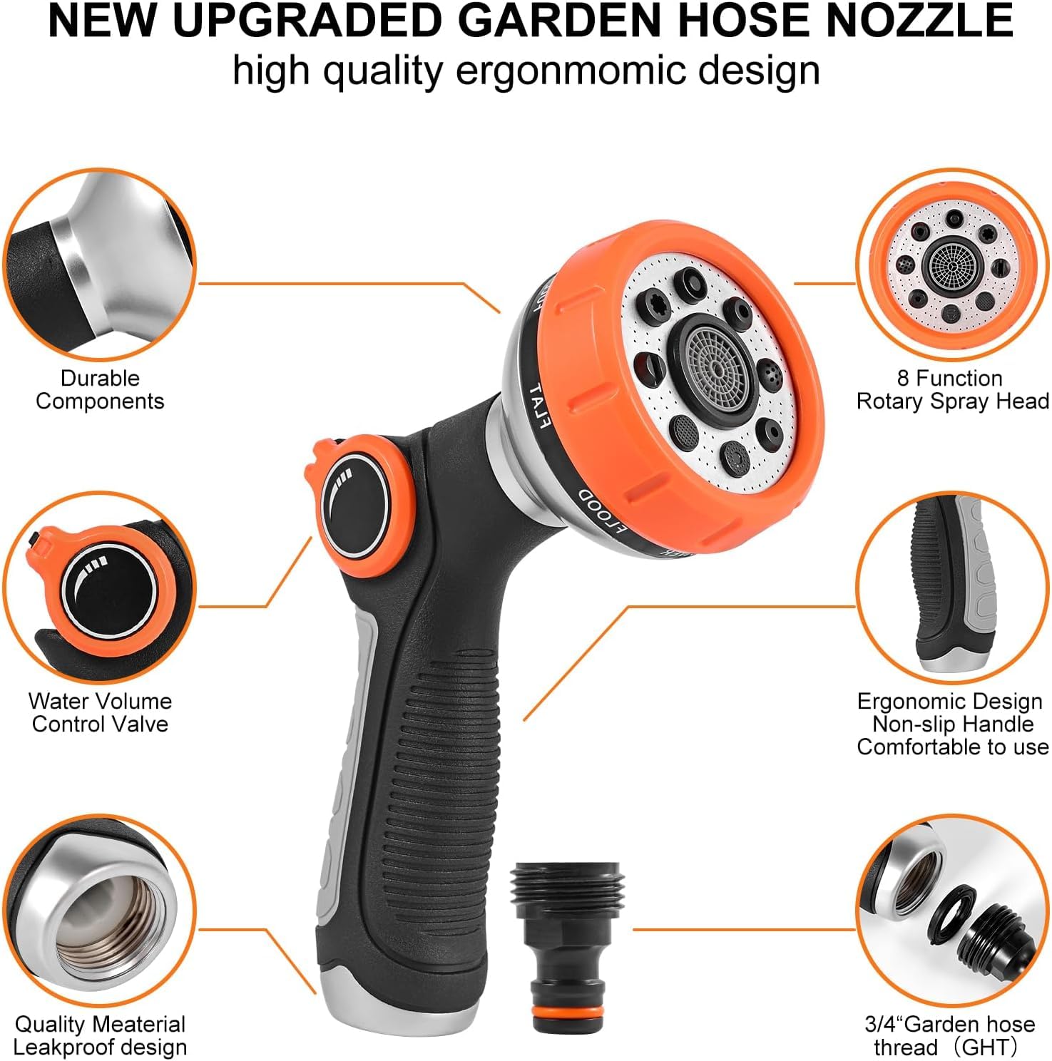 **High Pressure Garden Hose Nozzle Sprayer - Adjustable 8 Spray Patterns with Water Flow Control Valve for Lawn Watering, Car Washing, Pet Bathing & Outdoor Cleaning**