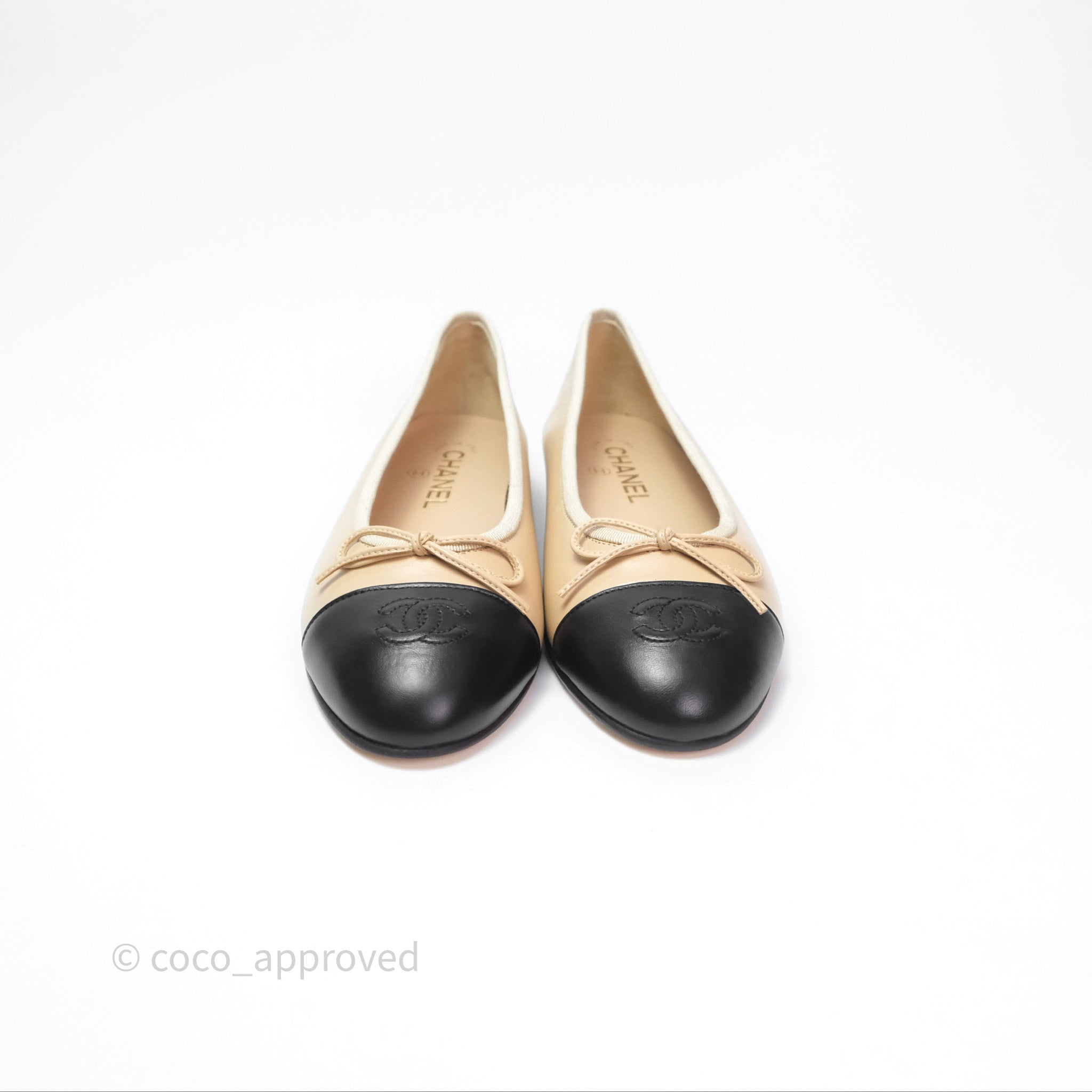 Chanel Ballerina Flats for Women - Black/Beige Leather Ballet Shoes Size 38 | Comfortable & Elegant Flat Shoes for Work, Party & Daily Wear