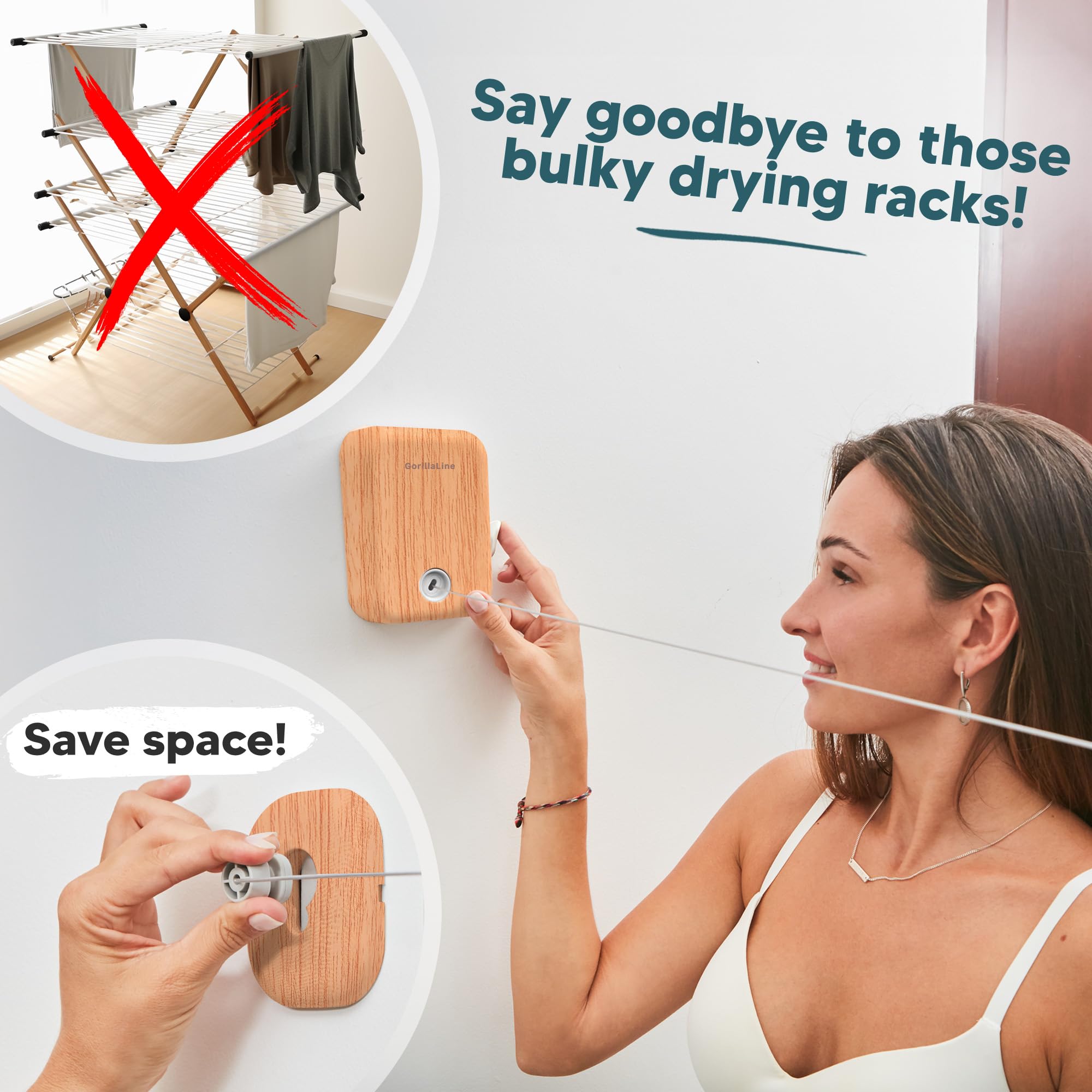 GorillaLine Retractable Clothesline for Indoor & Outdoor Use - Heavy Duty Wall Mounted Laundry Drying Rack - Perfect for Small Spaces, Apartments, Camping & Travel - Air Dry Clothes Efficiently