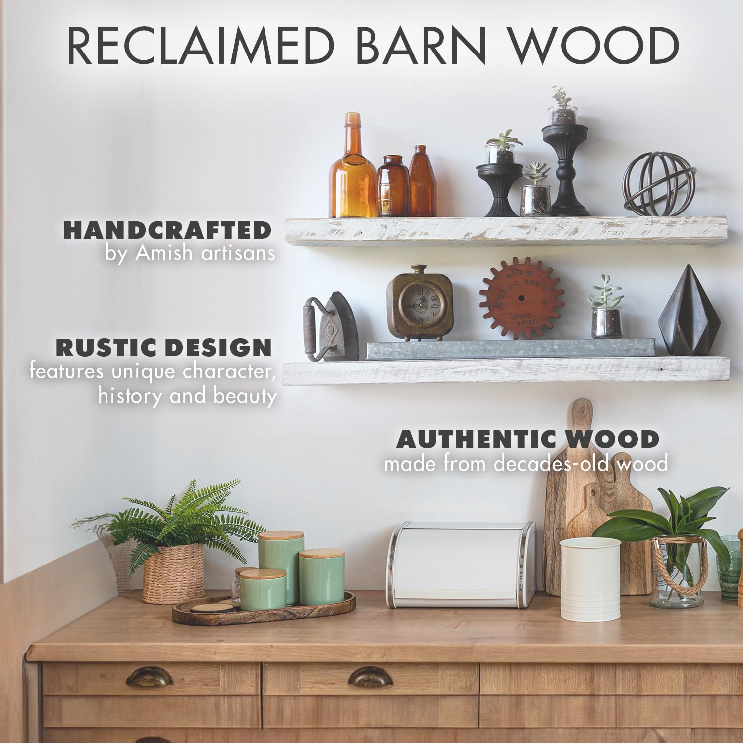 Reclaimed Barnwood Floating Shelves Set of 2 - White Wash 48