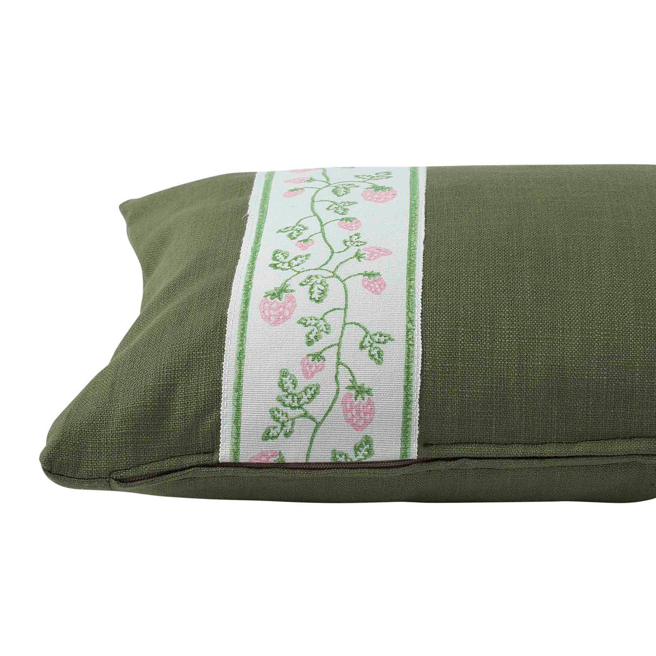 Olive Green Cushion with Strawberry Green and Pink Tape - Soft Throw Pillow for Sofa, Bed, and Home Decor