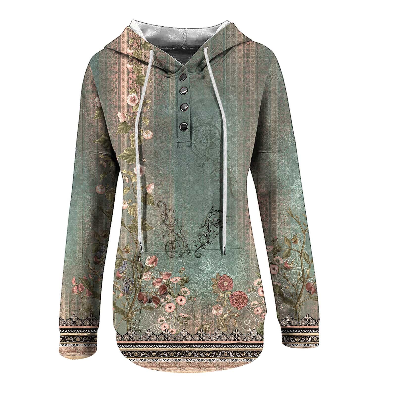 Women's Casual Long Sleeve Hoodie Floral Print Loose Tunic Button Down Hooded Sweatshirt Pullover Top for Outdoor Activities and Relaxation