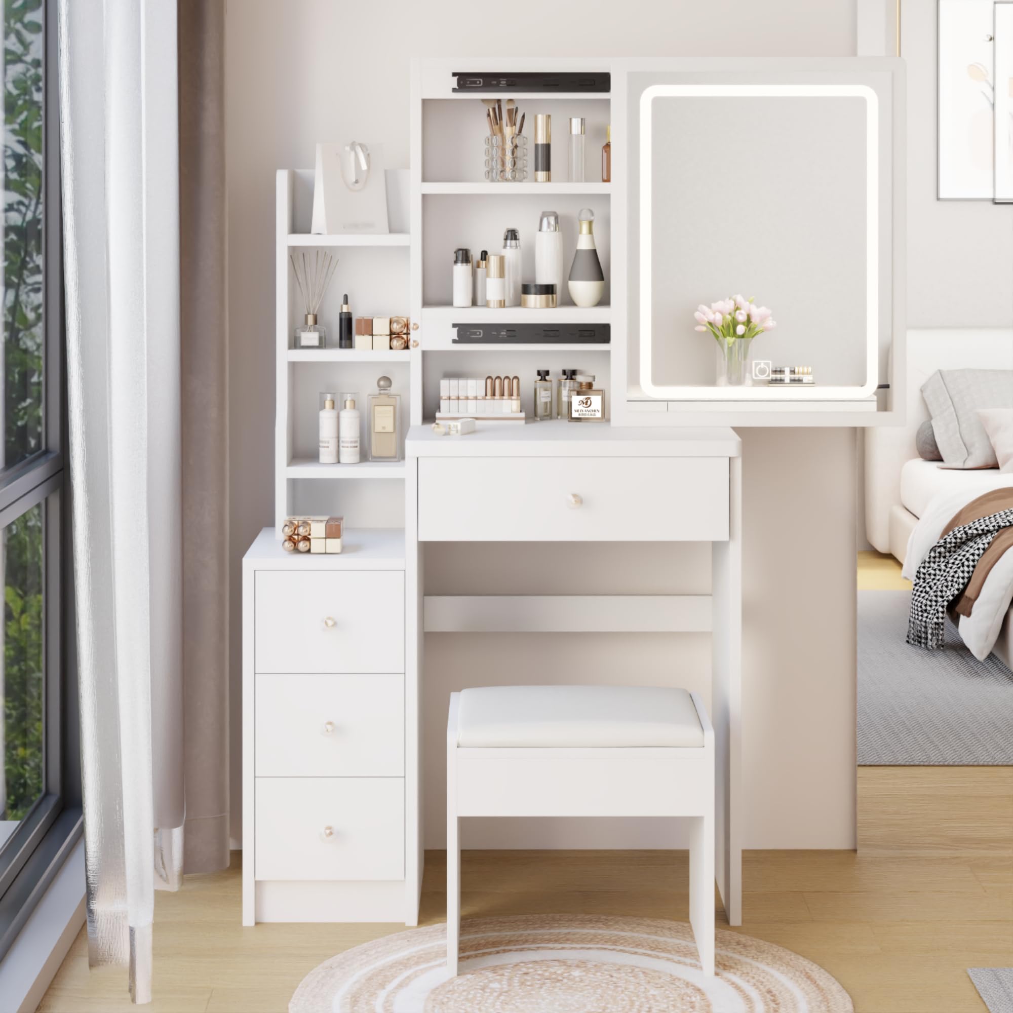 KEIKI Small Vanity Desk with Sliding LED Lighted Mirror & Stool - 3 Color Lighting Modes, 4 Drawers & Open Shelves - White Makeup Dressing Table for Women & Girls | Perfect for Bedroom, Dorm, Apartment & Beauty Salon