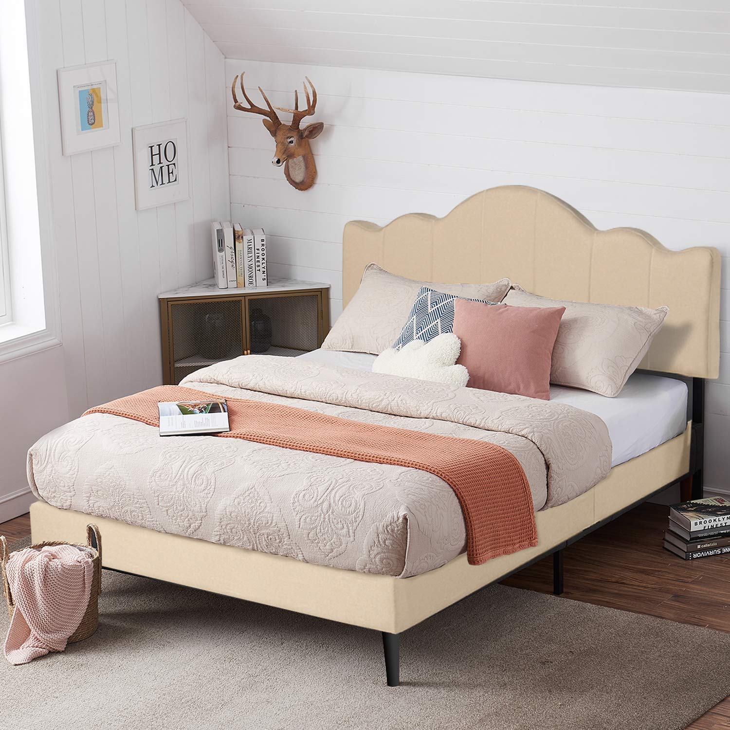 VECELO Full Size Upholstered Platform Bed Frame with Adjustable Headboard - Sturdy Wood Slat Support, No Box Spring Required - Khaki Fabric - Perfect for Modern Bedrooms, Guest Rooms & Small Spaces