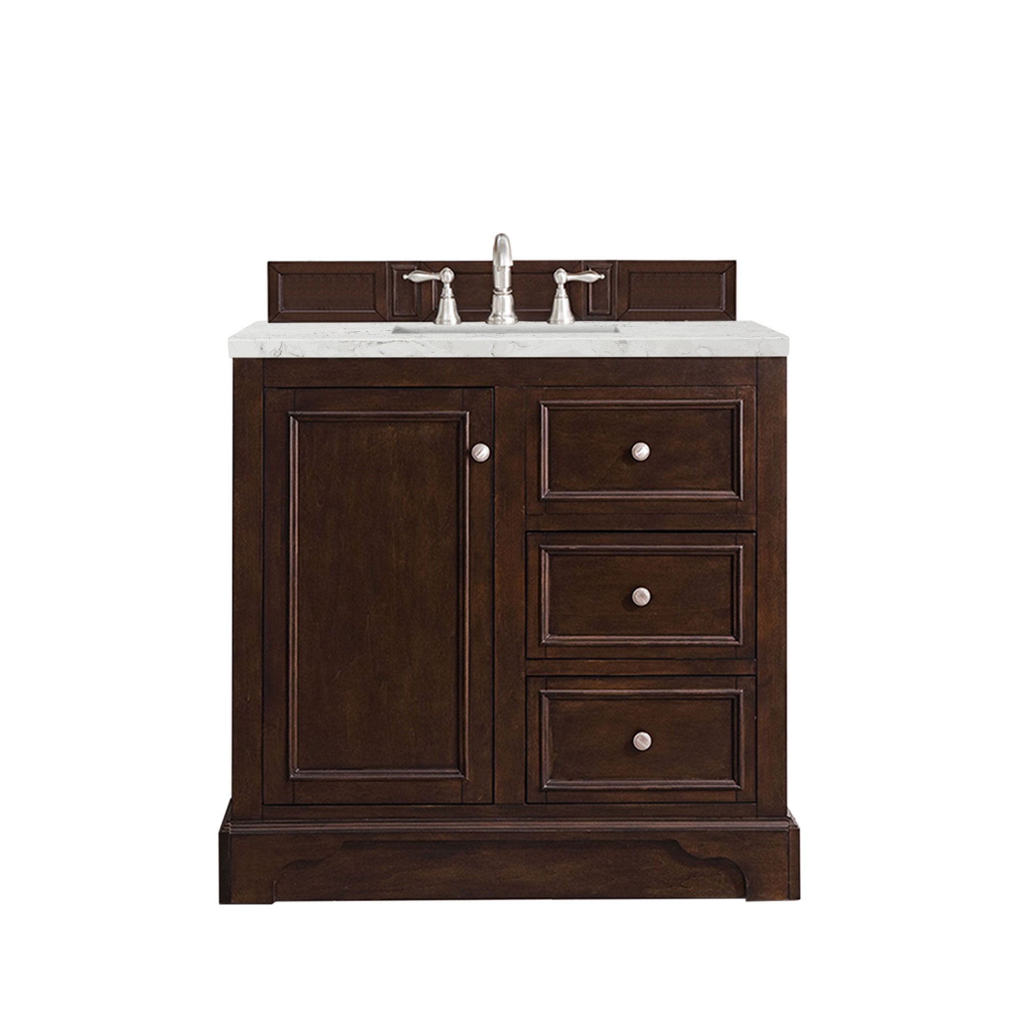 De Soto 36 Inch Single Bathroom Vanity with Burnished Mahogany Finish & 3CM Eternal Jasmine Pearl Quartz Countertop - Perfect for Modern Master Bath or Guest Bathroom Renovation