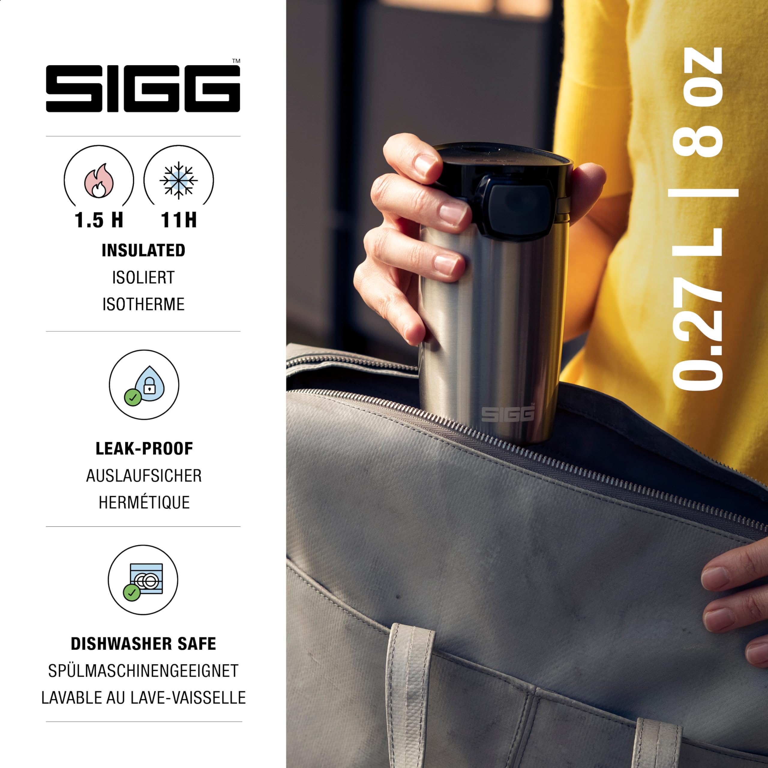 SIGG Insulated Stainless Steel Travel Coffee Mug - 9 Oz Leakproof Thermos for Hot & Cold Drinks - BPA Free 18/8 Steel Silver Finish - Perfect for Commuting, Camping & Office Use