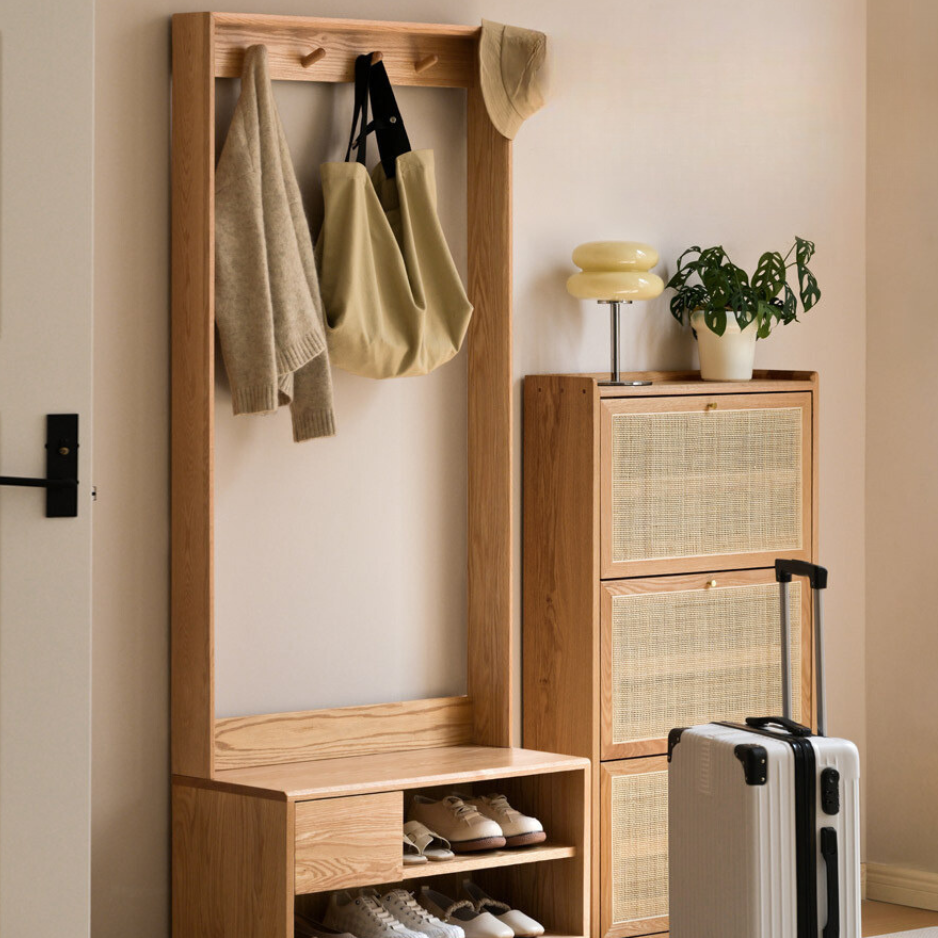 Solid Oak Wood Shoe Bench with Coat Hooks - Durable Entryway Storage Organizer for Shoes, Hats & Jackets | Perfect for Mudrooms, Hallways & Bedrooms