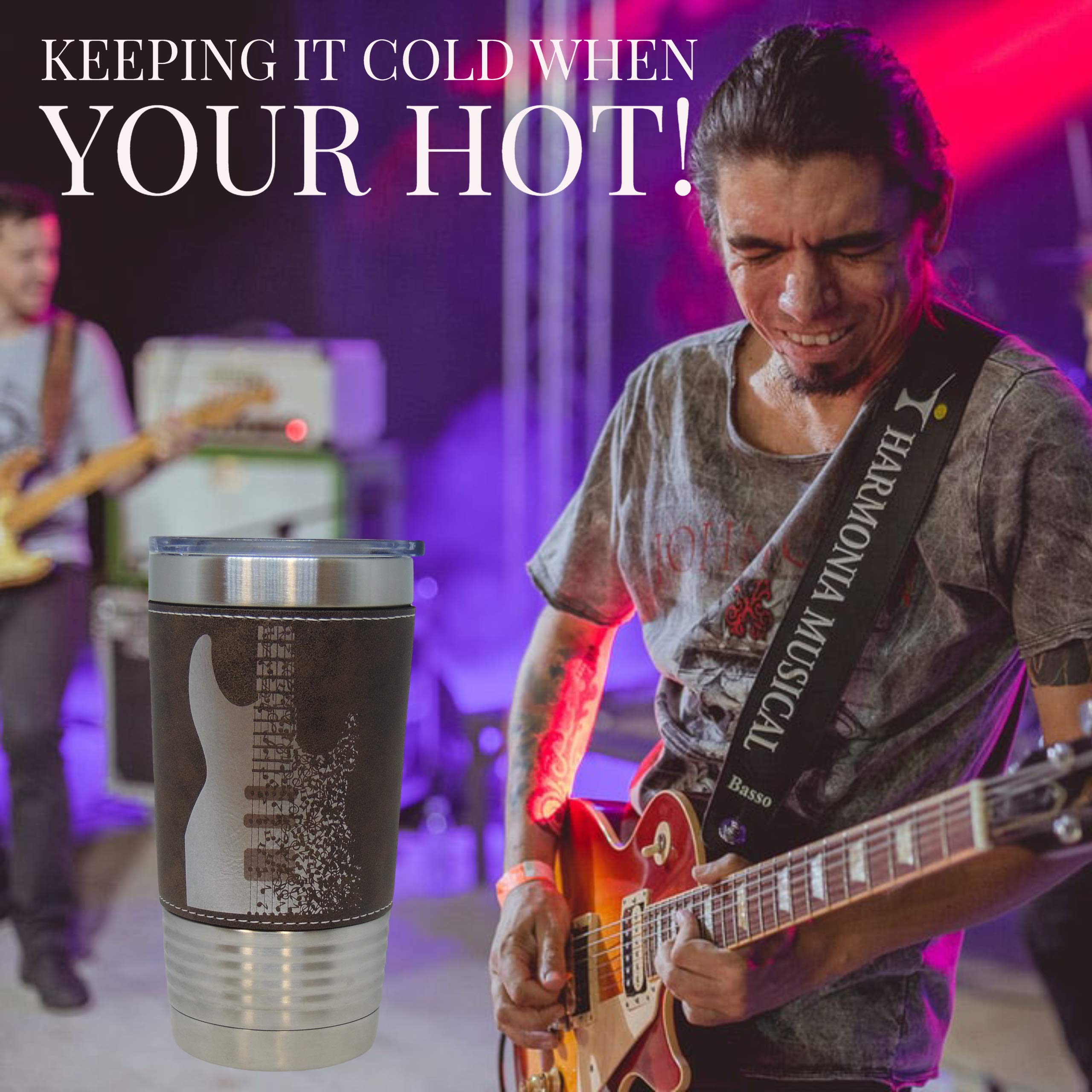 Electric Guitar Leather Wrapped Vacuum Insulated Tumbler 20oz - Stainless Steel Travel Mug for Coffee & Tea - Perfect Gift for Musicians & Music Lovers (Rustic Brown) - Great for Concerts, Studio Sessions & Outdoor Adventures