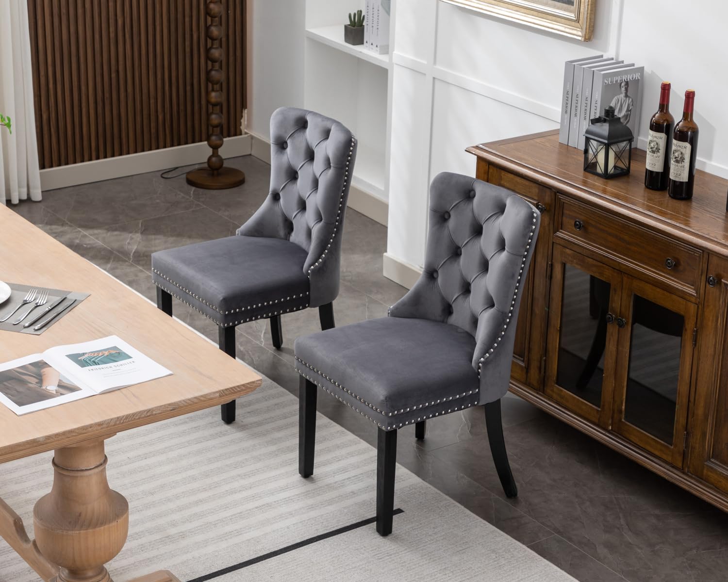 Luxury Velvet Dining Chairs Set of 2 - Modern Upholstered Tufted Kitchen Chairs with Nailhead Trim & Solid Wood Legs, Grey Nikki Collection for Dining Room, Restaurant or Home Decor