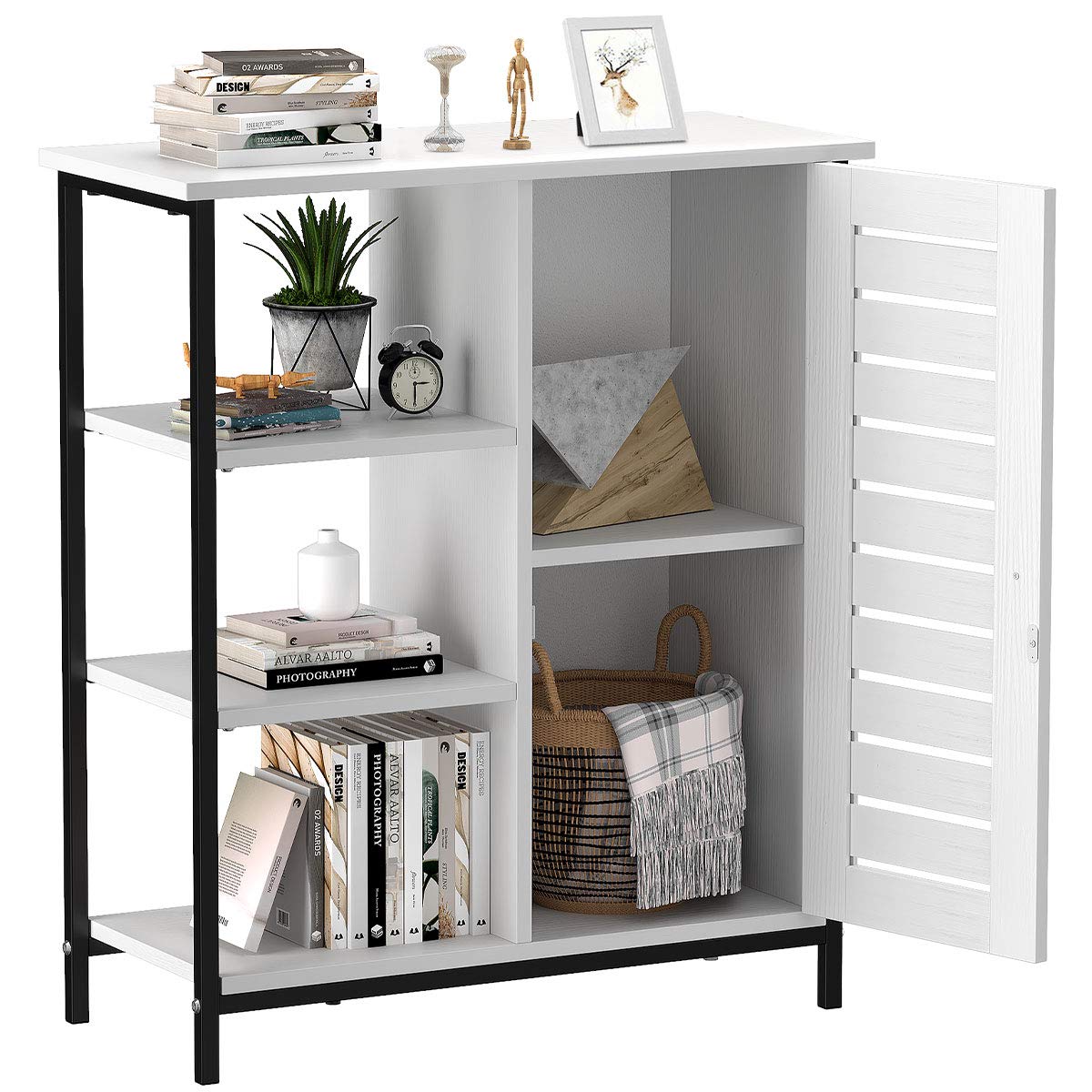 YITAHOME 3-Tier Open Shelf Storage Cabinet with Door - Sturdy Metal Frame Sideboard for Living Room, Bedroom, Hallway & Kitchen - White | Perfect for Organizing Books, Decor & Kitchen Supplies