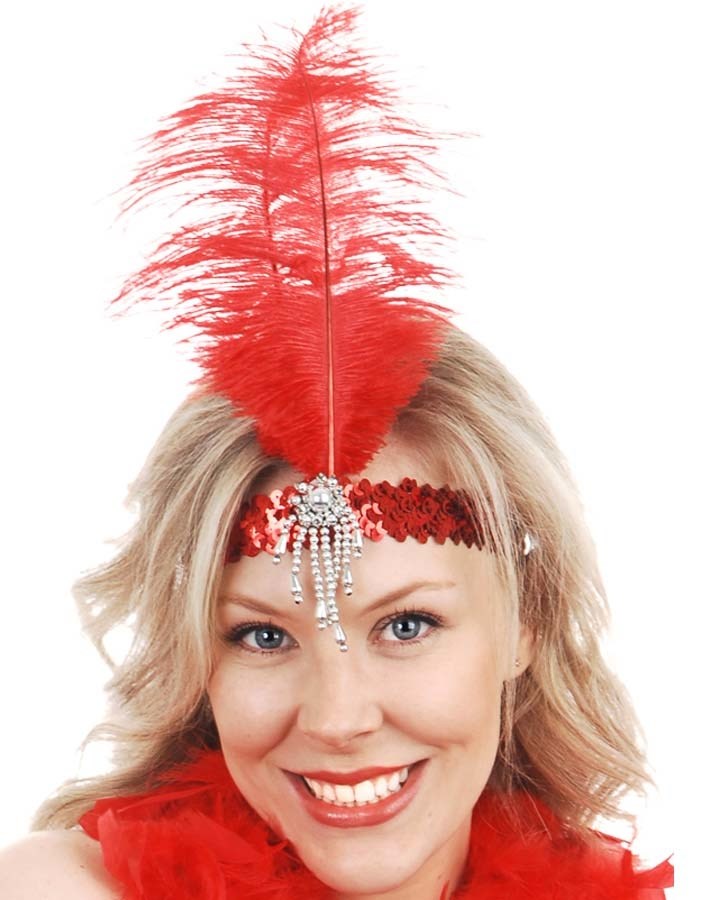 20s Style Red Sequin Headband with Feather - Vintage Flapper Headpiece for Women - Perfect for Roaring 20s Parties, Gatsby Themed Events & Costume Accessories