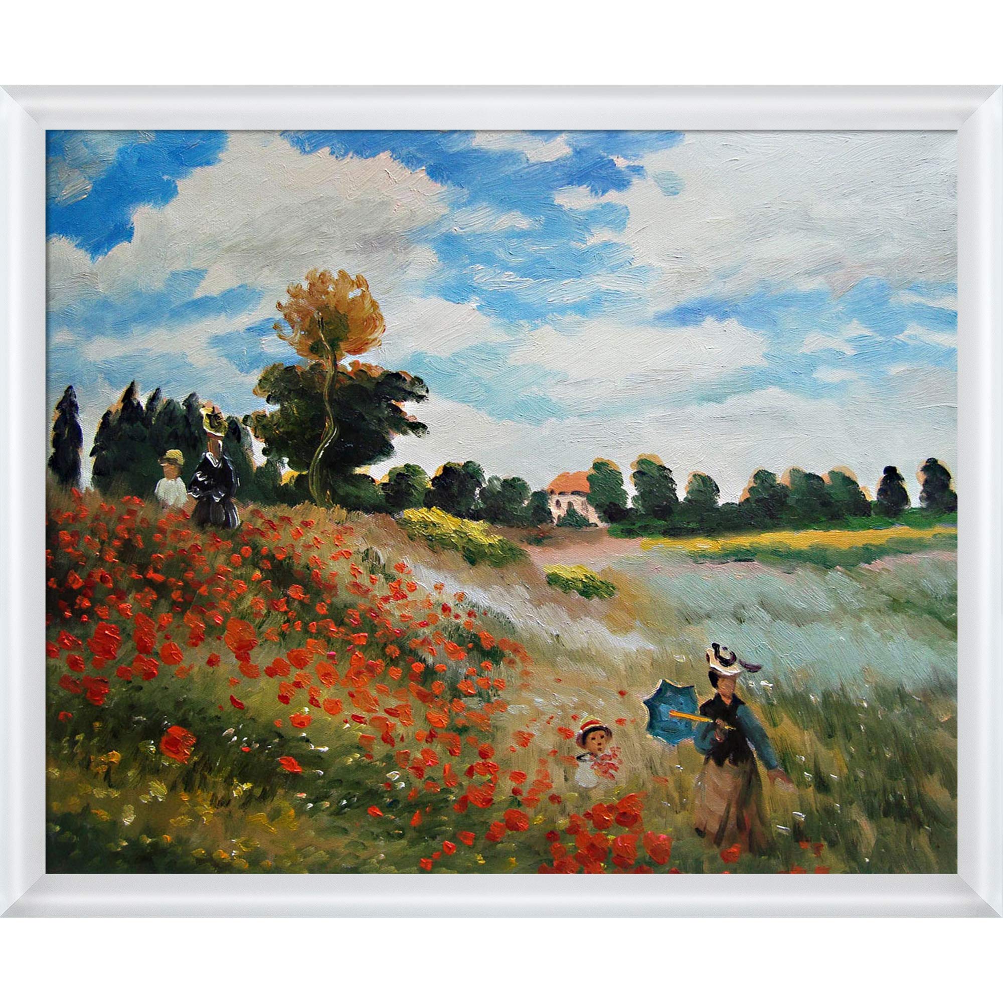 La Pastiche Hand Painted Oil Painting Reproduction - Poppy Field in Argenteuil by Monet, 20x24 Inch, Modern White Frame - Wall Art for Living Room, Bedroom & Office Decor