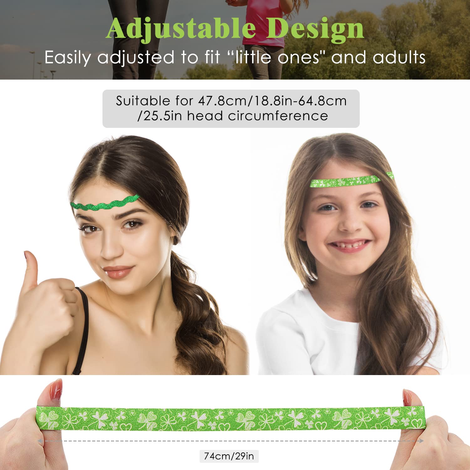 MoKo St. Patrick's Day Headband 5-Pack - Non-Slip Stretchy Green Glitter Clover Headbands for Women, Girls & Teens - Perfect for St. Patrick's Day Parties, Parades & Festive Celebrations