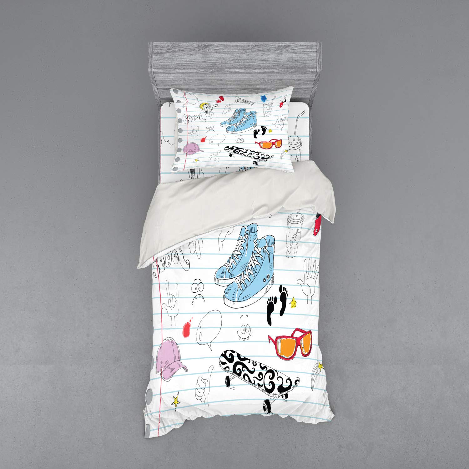Ambesonne Hipster Duvet Cover Set 3-Piece - Funky Notebook Design with Skateboard & Shooting Star Patterns - Twin Size Black Pale Blue Ginger Bedding Set with Sham & Fitted Sheet - Perfect for Teen Rooms, College Dorms & Bohemian Bedrooms