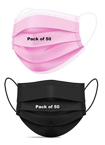 Wisezag Black Pink Disposable Face Masks 3-Ply with Nose Clip - 100 Pack | Breathable Surgical Masks for Daily Protection, Work & Travel | Meltblown Filter Layer for Comfort & Safety