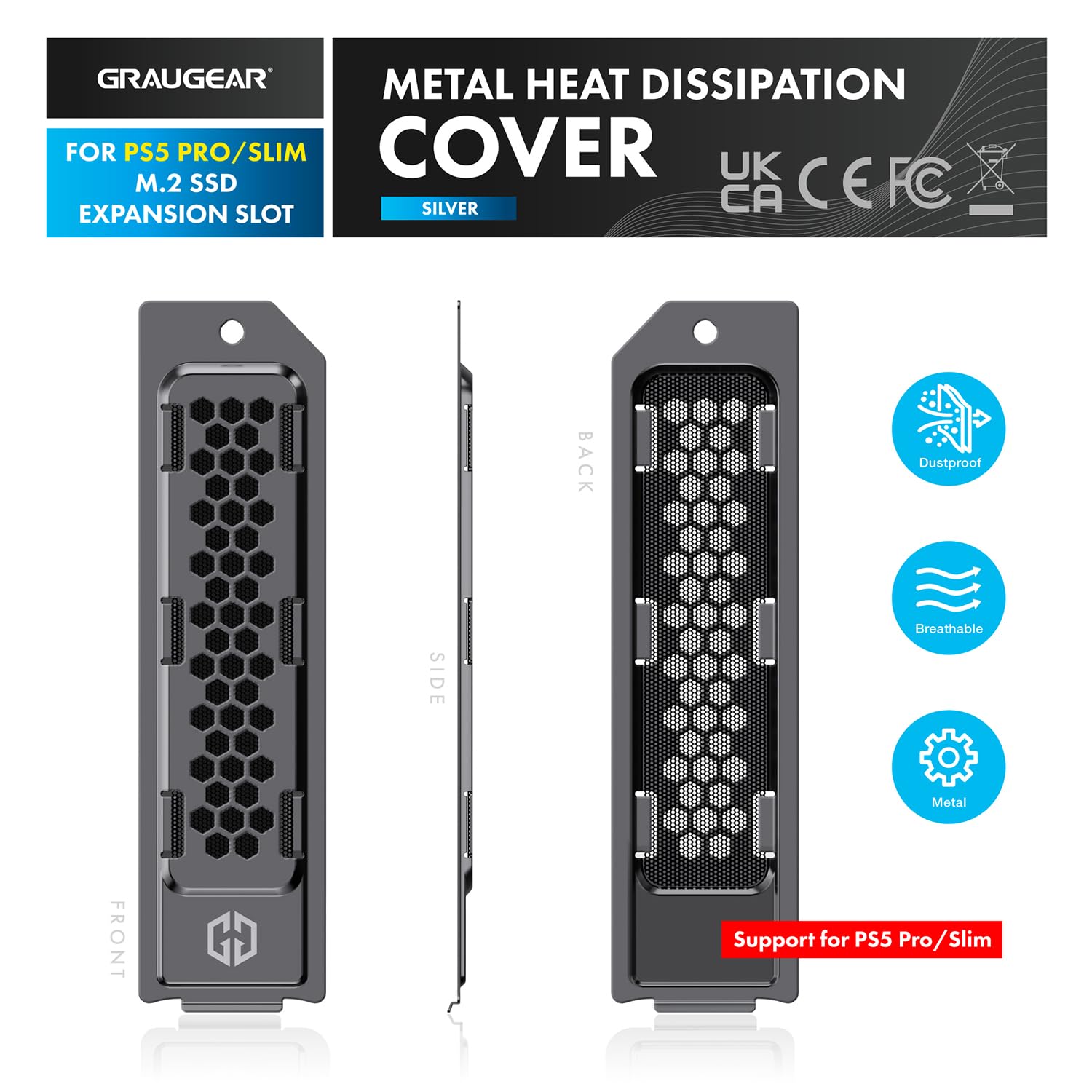 GRAUGEAR Metal Heat Dissipation Cover for PS5 Pro/Slim M.2 SSD Expansion Slot | Compatible with PS5 NVMe SSD with Heatsink | Enhanced Cooling with Breathable Cellular Design | Dust Proof Protection (Black) | Perfect for Gaming, Streaming & Extended Play Sessions