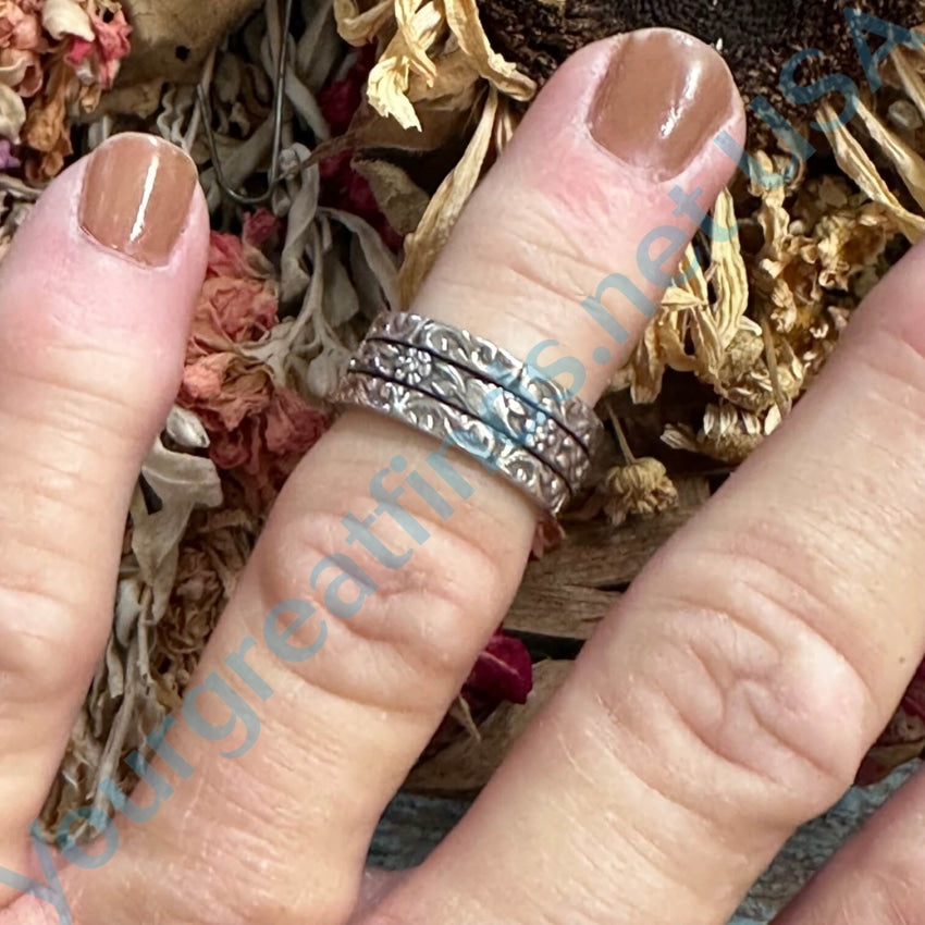 Elegant Sterling Silver Floral Wide Band Spinner Ring for Women | Adjustable Size 5 | Perfect for Meditation, Stress Relief & Fashion Accessories