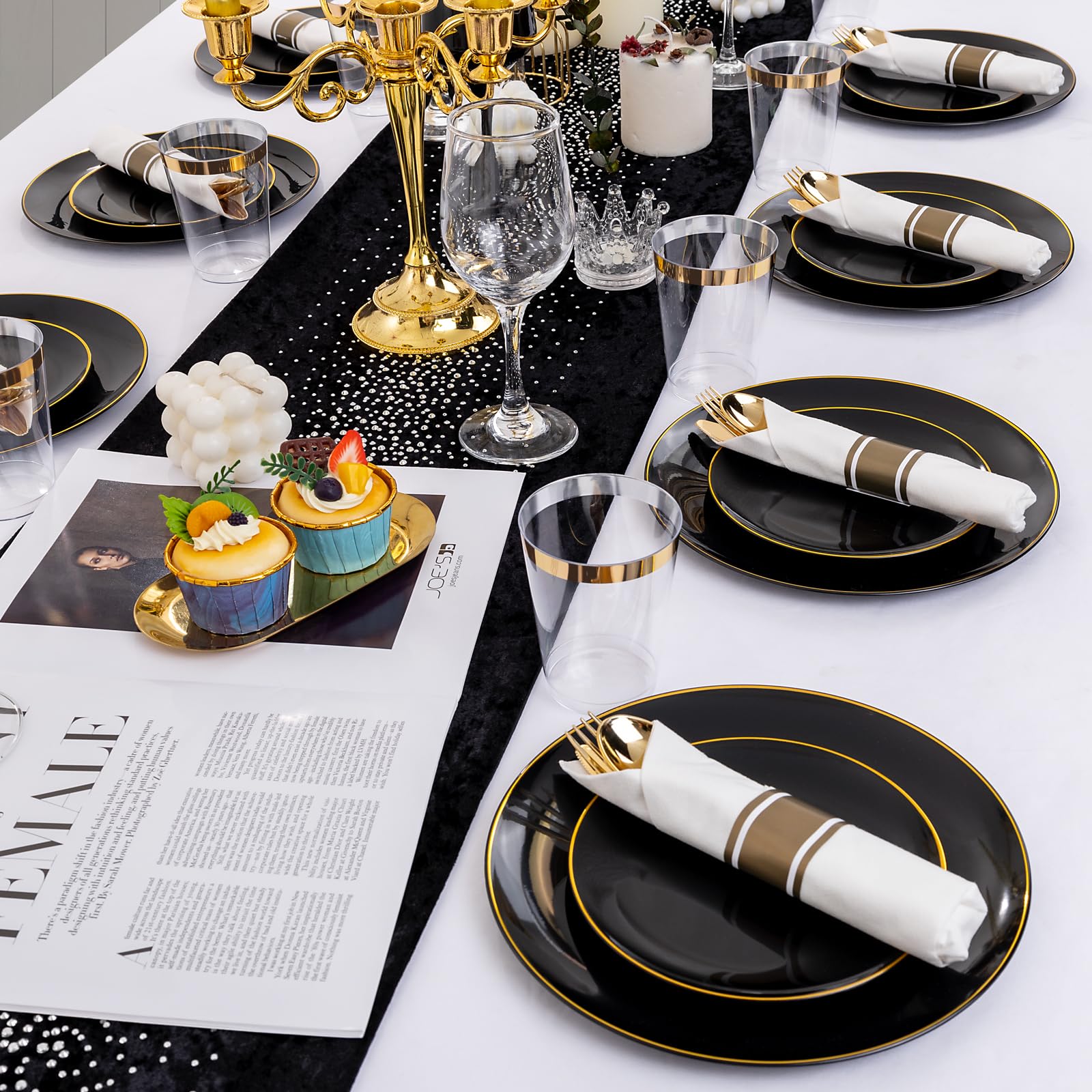 350-Piece Black & Gold Plastic Dinnerware Set for 50 Guests - Includes 50 Dinner Plates, Dessert Plates, Cups & Silverware - Elegant Disposable Tableware for Weddings, Parties & New Year Celebrations