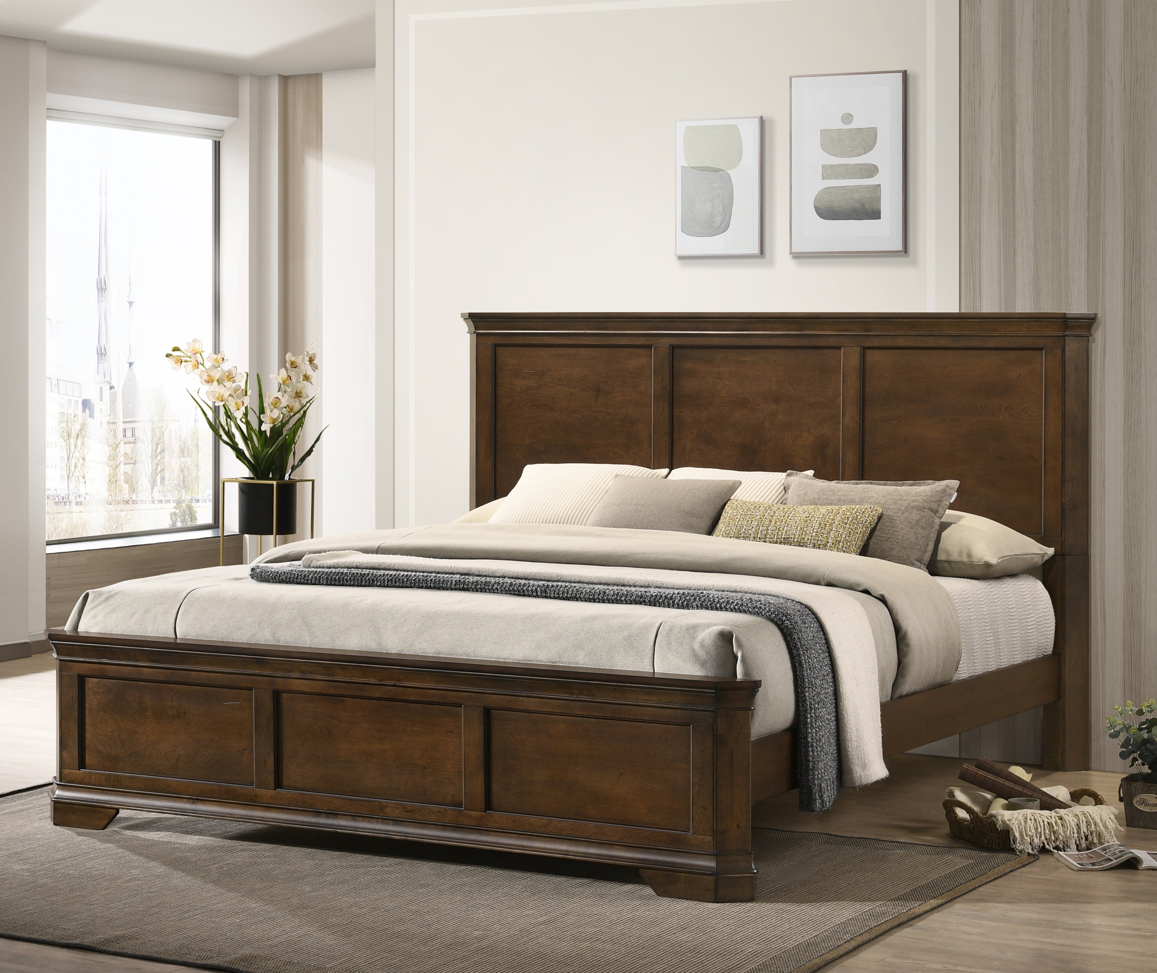 Madrene Traditional Wood Panel Bed - Antique Walnut Finish Queen Size Solid Wood Frame for Bedroom | Classic Elegant Design for Master Suite & Guest Room