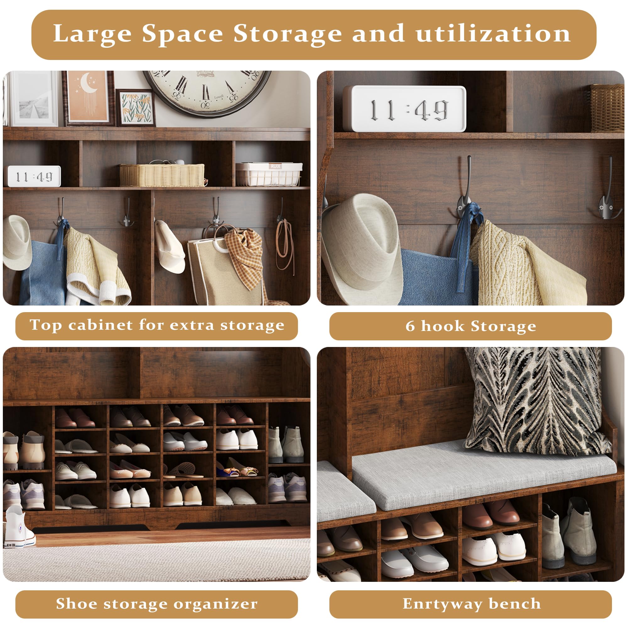 4-in-1 Hall Tree Entryway Bench with Coat Rack & Shoe Organizer - 6 Hanging Hooks & Adjustable Storage Shelves for Hallway, Bedroom, Living Room - Perfect for Small Space Organization & Entryway Decor (Dark Brown)