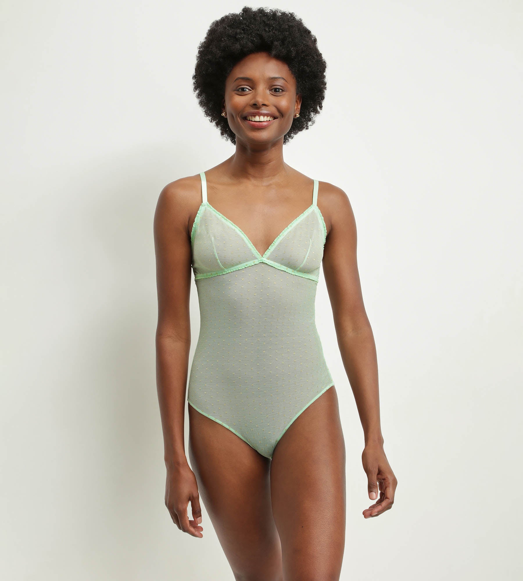 Women's Green & Polka Dot Lurex Tulle Mesh Body - Shiny Sheer Lingerie for Date Night & Special Occasions