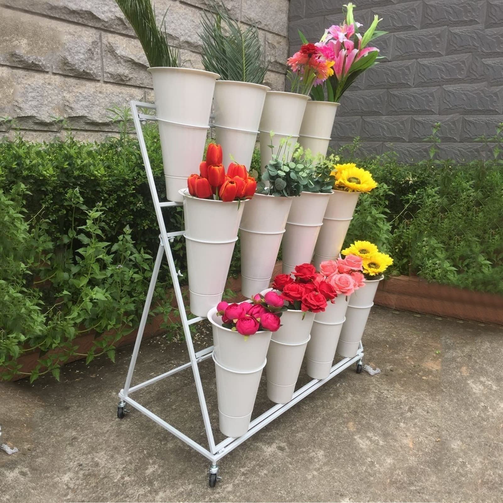 3-Tier Metal Flower Display Stand with 12 Plastic Buckets & 4 Universal Wheels - White Rolling Florist Cart for Bouquet Arrangement | Perfect for Flower Shops, Wedding Decor & Event Displays