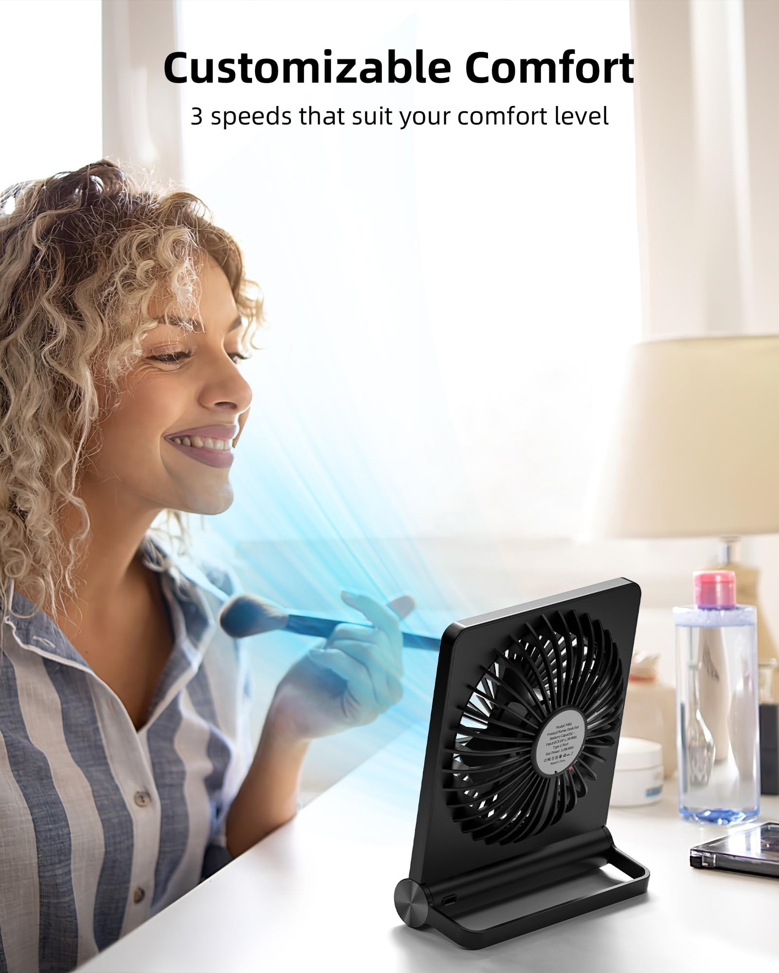 Koonie Portable Desk Fan - USB Rechargeable, 3 Speed Settings, Ultra Quiet 220° Tilt Folding, 3.5-20 Hours Battery Life - Perfect for Home Office, Desktop, Dorm Room & Outdoor Use - Black
