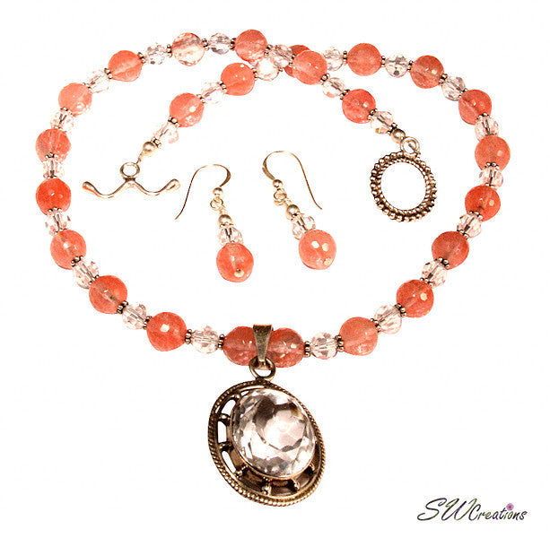 Cherry Crystal Gemstone Beaded Necklace Set for Women - Elegant Handmade Jewelry Gift for Birthday, Wedding & Party Accessories