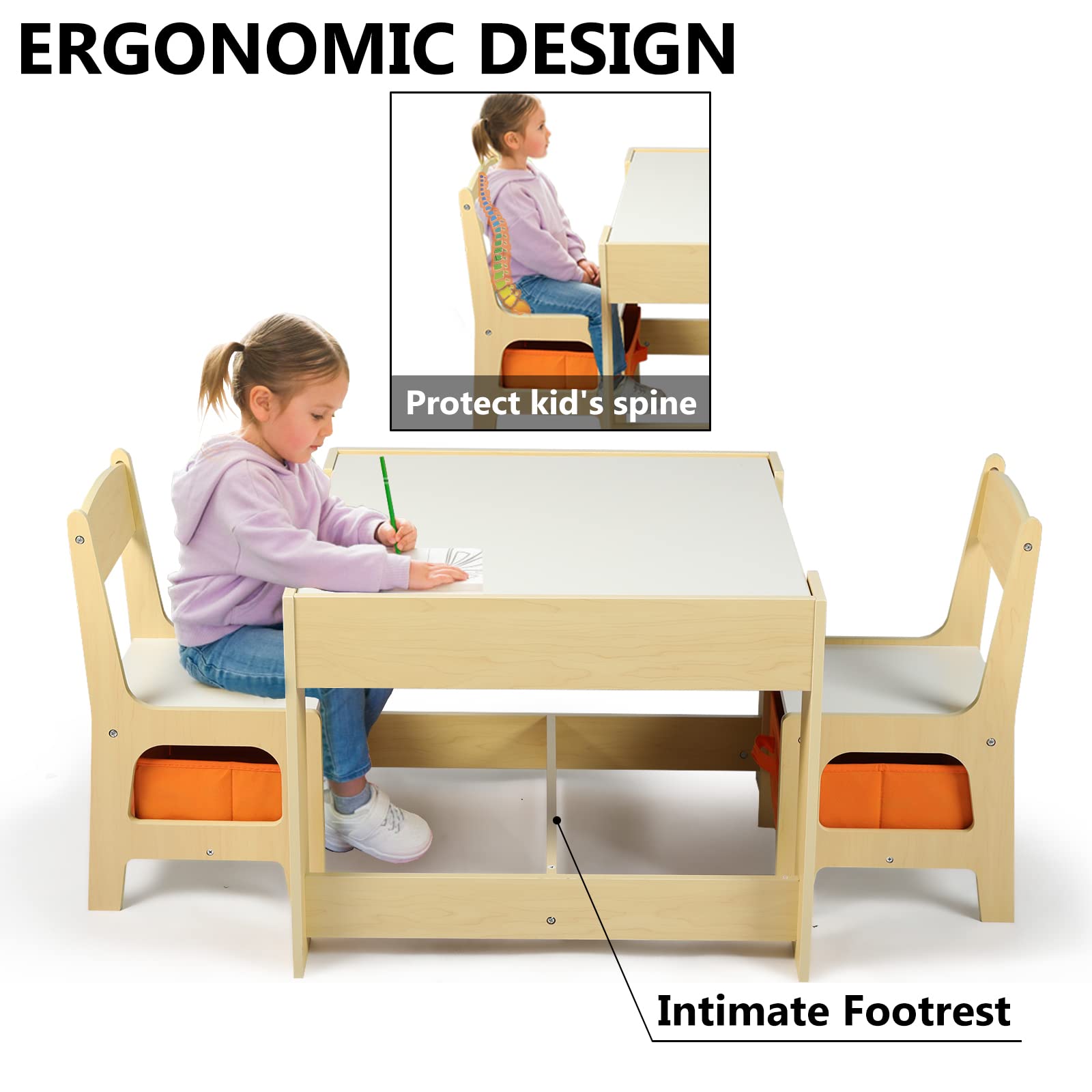 Kinder King Kids Wooden Table and 2 Chairs Set - 3-in-1 Children's Activity Table with Storage, Removable Tabletop & Blackboard - 3-Piece Toddler Furniture for Art, Drawing, Reading - Perfect for Playroom, Homeschooling & Daycare (Natural Wood)