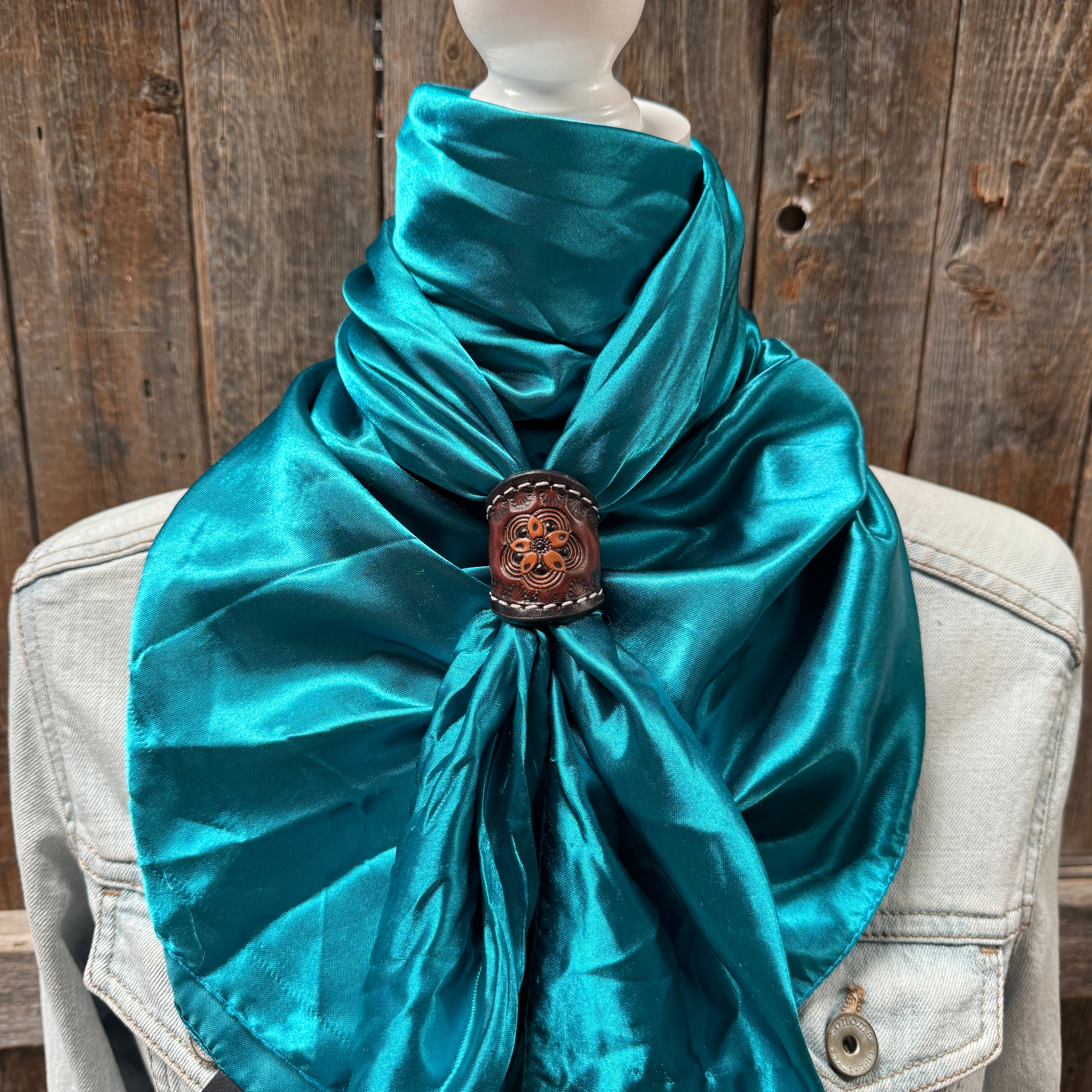 35X35 Solid Teal Wild Rag Scarf with Tooled Leather Slides - Western Style Bandana for Cowboy, Cowgirl & Outdoor Enthusiasts - Perfect for Rodeo, Horse Riding & Ranch Work